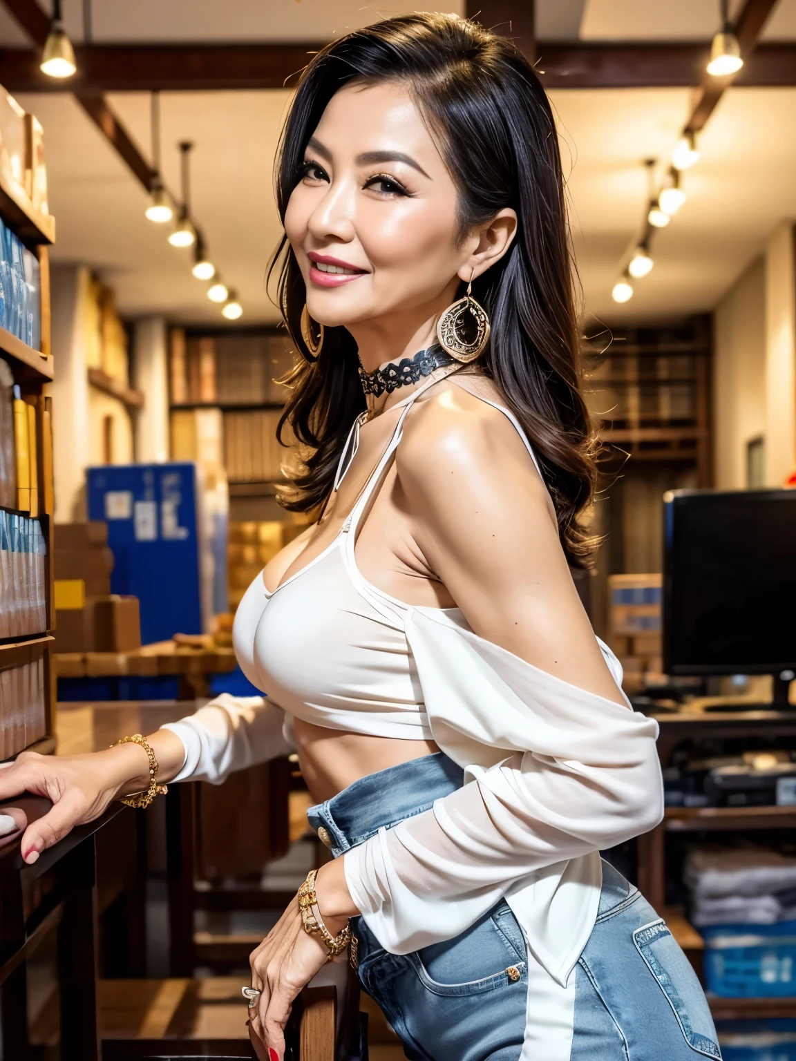 Looking Back 69 years old Mom MILF Chinese Lady large earring Big choker navel piercing decoration A bracelet Silver Hair realisitic Gorgeous Madame Beautiful Mature Woman sexy Smile Gentle woman navel piercing 4K High quality office computer Copier boss employee Gorgeous Madame Beautiful Mature Woman