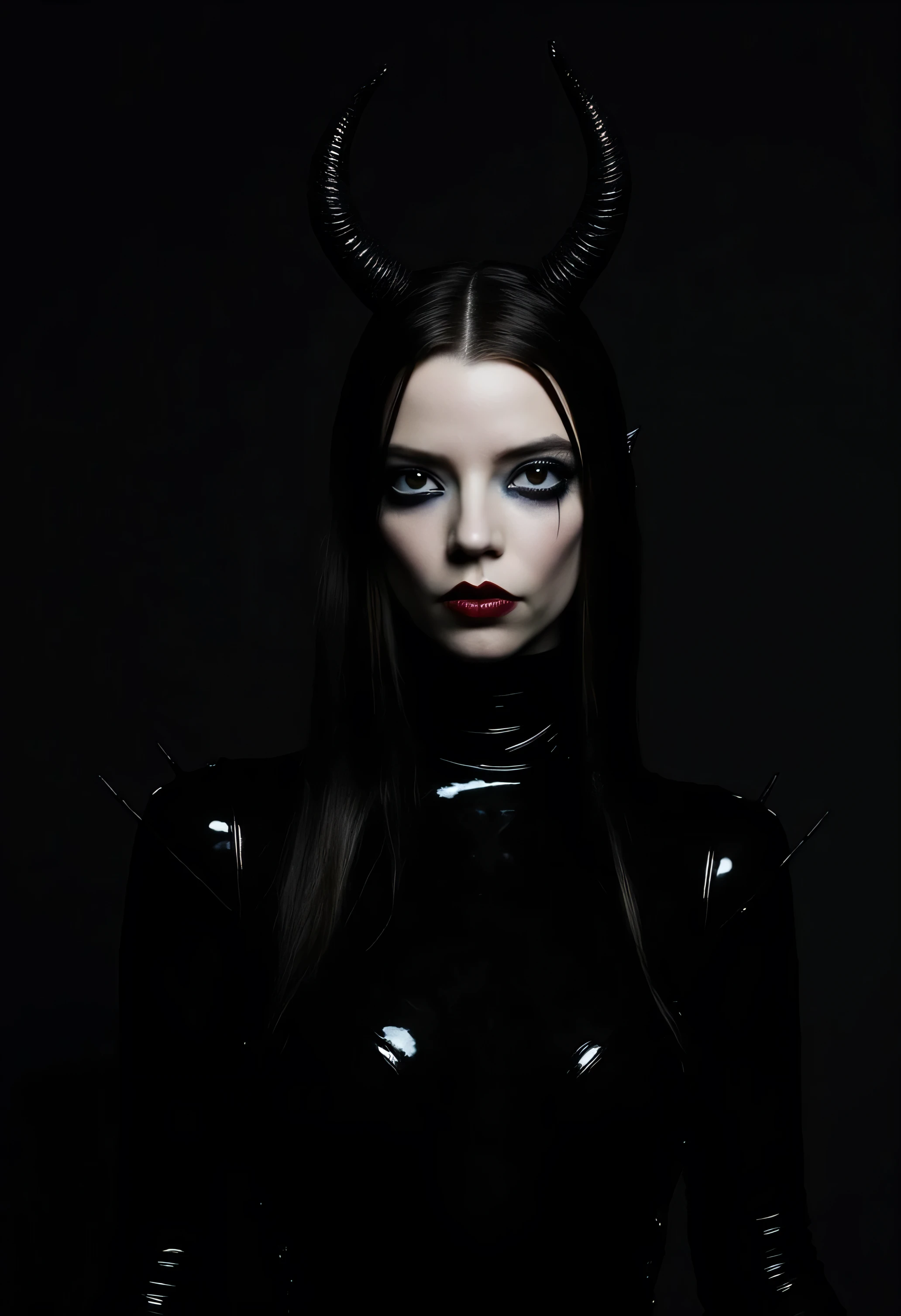 gothic young girl with horns dressed in fetish full body latex posing for a photo in a dark minimal studio, darksynth aesthetic, minimal background, goth makeup, bizarre fashion photography, ultra detailed, masterpiece, light in the face, white face make up,((gothic make up:1.2)), full body view, realistic face, detailed, ((tight perfect latex:1.2)),