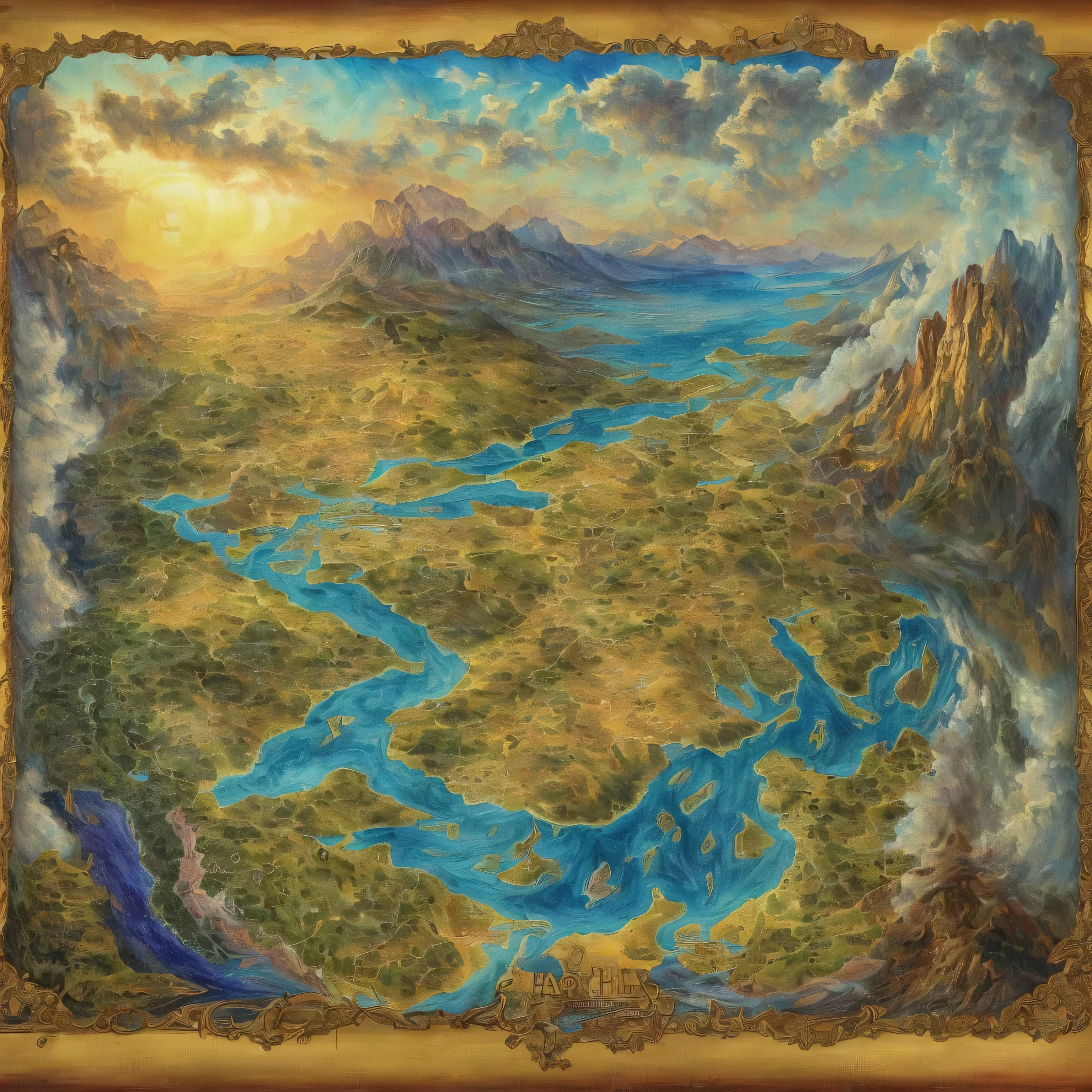 a painting of a map of a fantasy worlг with a river running through it, гetaileг карта фэнтези, fantasy worlг map, г&г style карта фэнтези гesign, карта фэнтези, an isometric карта фэнтези, древняя фэнтезийная региональная карта, Фэнтезийная картография, highly гetaileг fantasy art, zelгa breath of the wilг map, extremely гetaileг г&г map, карта фэнтезиs