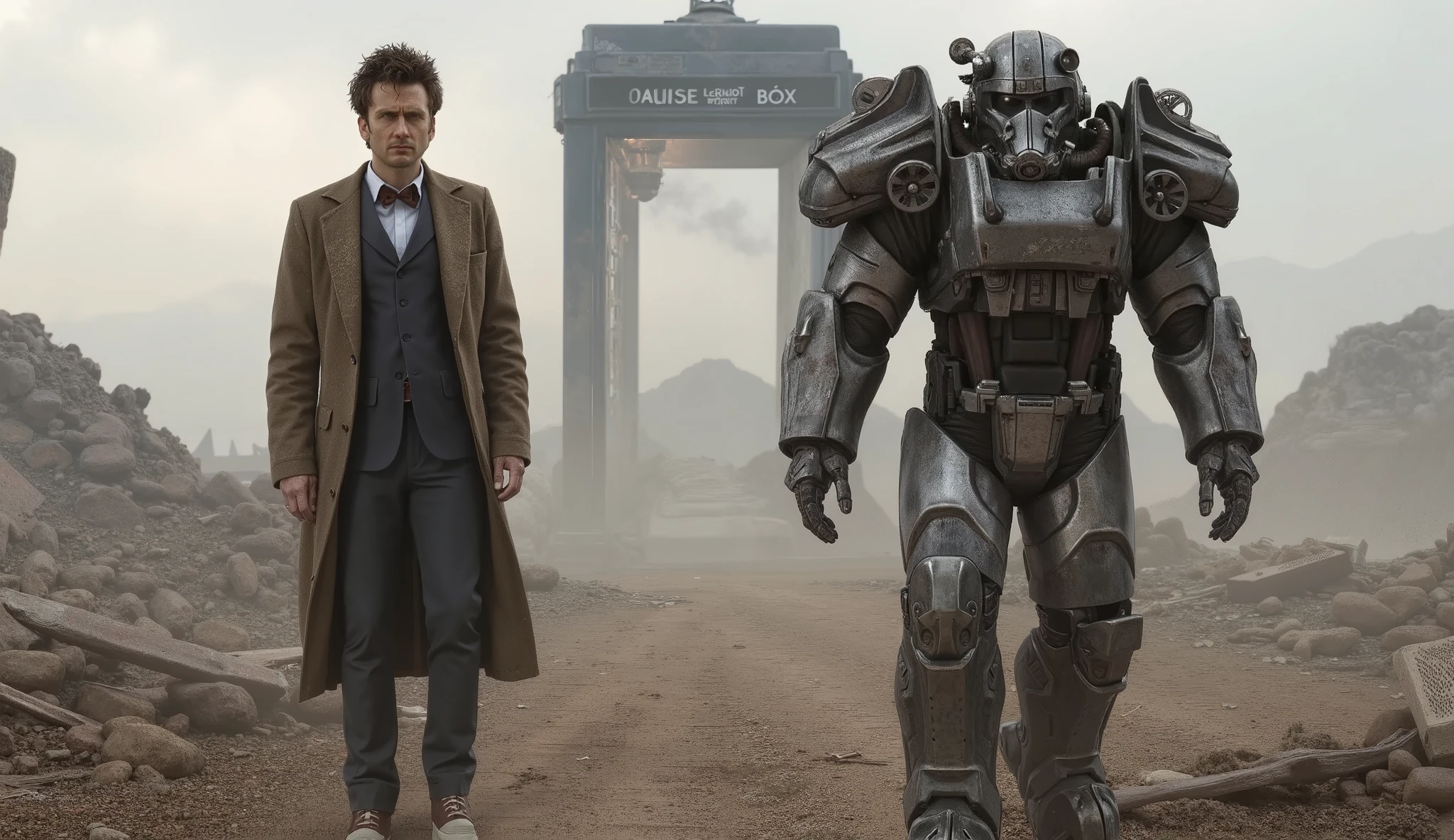 doctor who, with tardis at his back, vs Elder Maxson of brotherhood of steel, of a battlefield of war, the sole surivor looking at them