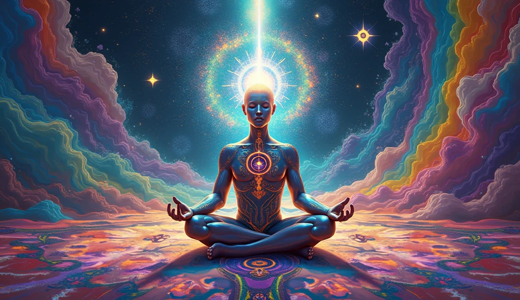 Create a serene and mystical illustration that represents the concept of Marana Yoga, a spiritual practice that aims to transcend the ego and merge with the universe. Depict a meditating figure, possibly a yogi or a goddess, surrounded by a halo of light, with their body dissolving into the cosmos. Incorporate elements of nature, such as stars, planets, and flowers, to convey the idea of unity and interconnectedness. The color palette should be calming and ethereal, with shades of blue, purple, and gold. The overall mood should be one of deep relaxation, inner peace, and spiritual awakening."
Additional details:
The meditating figure should be seated in a lotus position, with their eyes closed and a peaceful expression.
The halo of light surrounding the figure should be soft and gradient, with subtle textures to give it a sense of depth.
The cosmic elements, such as stars and planets, should be scattered around the figure, with some of them blending into the background to create a sense of movement and energy.
The flowers and other natural elements should be delicate and intricate, with a sense of fragility and beauty.
The background should be a deep, rich blue, representing the infinite and the unknown.
The overall style should be dreamy and surreal, with a sense of mysticism and wonder.