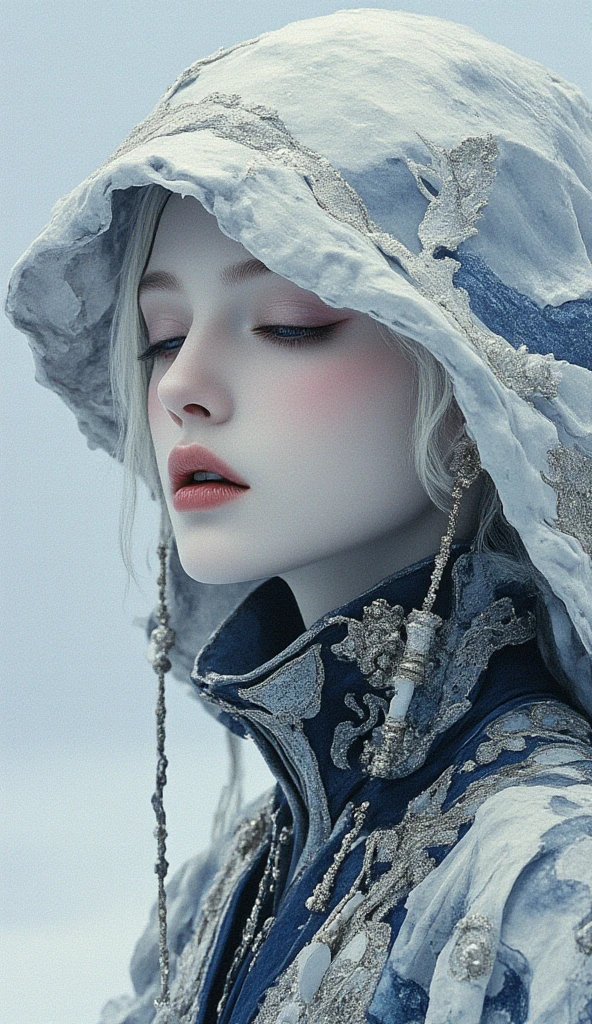 A beautiful woman in the world who is completely protected against the cold, The background is a silver world, Extremely close-up chest, Wear the costume wrapped in the final, watercolor painting, slightly colored costume, partially colored watercolor, Art Deco, Minimalism, Ukiyo-e, UHD, retina, masterpiece, accurate, anatomically correct, super detail, high details, high quality, award winning, best quality, highres, 16k