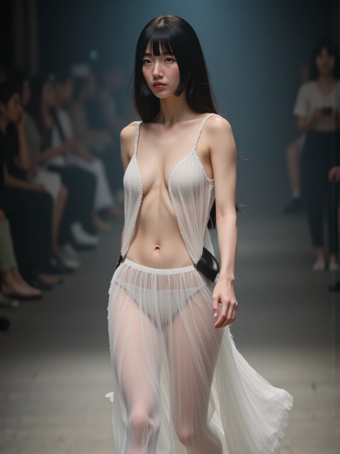 1 naked girl, completely nude, droopy large breasts, G cup, earrings, necklace, dark brown hair, very detailed and beautiful, thighs, shiny white skin, heels, whole body shot, walking on runway