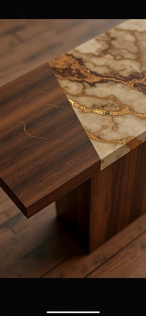 Professional 3D rendering of the design of a console table in a modern and very minimal style with a length of two meters and a width of one meter of excellent wood material and on its plate a thin sheet of very expensive marble in cream and golden and chocolate colors