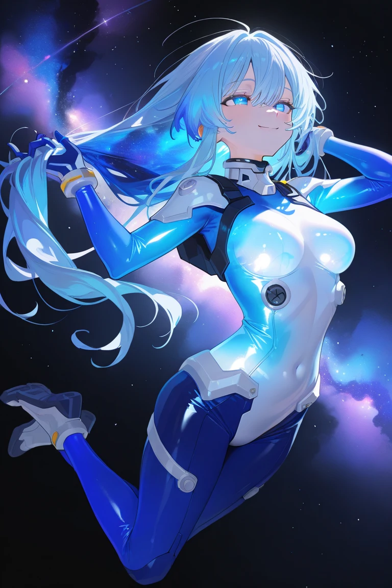 best quality, 32k, RAW photo, incredibly absurdres, extremely detailed, delicate texture, intelligent beauty, medium hair, (armpit-length hair, blue hair), aquamarine eyes, hair over one eye, (blue leotard with green accents), (tight belt), matching gloves, matching boots, ankle boots, close eyes, closed mouth, (body infused with frost, body infused with snow, powering up), cowboy shot, full body shot, raised arms, blue beam emitting from her body, straight legs,
