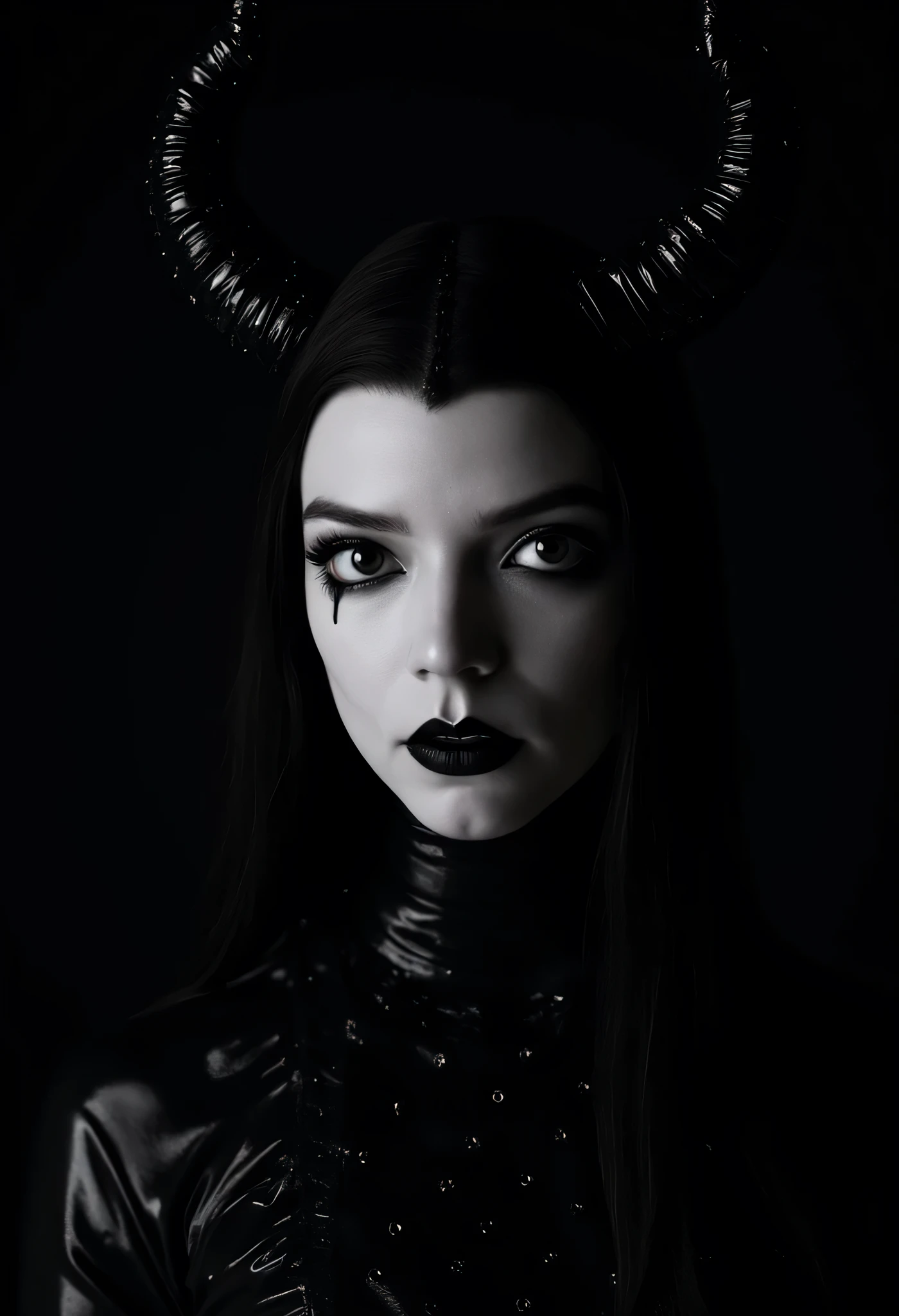 gothic young girl with horns dressed in fetish full body latex posing for a photo in a dark minimal studio, darksynth aesthetic, minimal background, goth makeup, bizarre fashion photography, ultra detailed, masterpiece, light in the face, white face make up,((gothic make up:1.2)), full body view, realistic face, detailed, ((tight perfect latex:1.2))
portrait, ((close up:1.3))