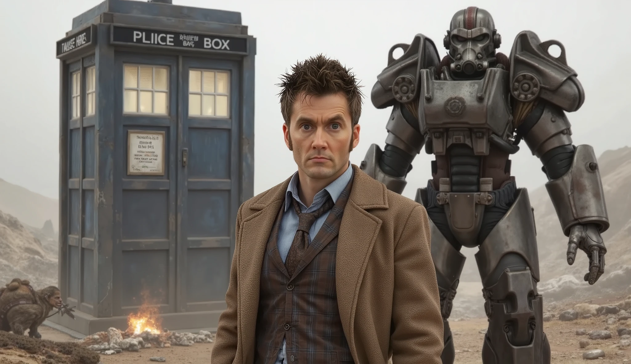 doctor who, with tardis at his back, vs Elder Maxson of brotherhood of steel, of a battlefield of war, the sole surivor looking at them