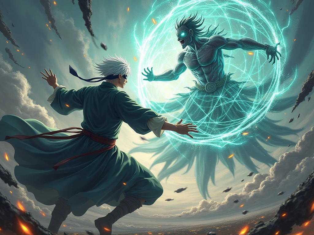 Make a tall man of 1.98 with long samurai-style black hair, He should wear a tunic with a red belt and bandages on his hands., and a man 1.78 tall with white combed hair with elemental powers wearing a white robe fighting a green humanoid being with green energy powers