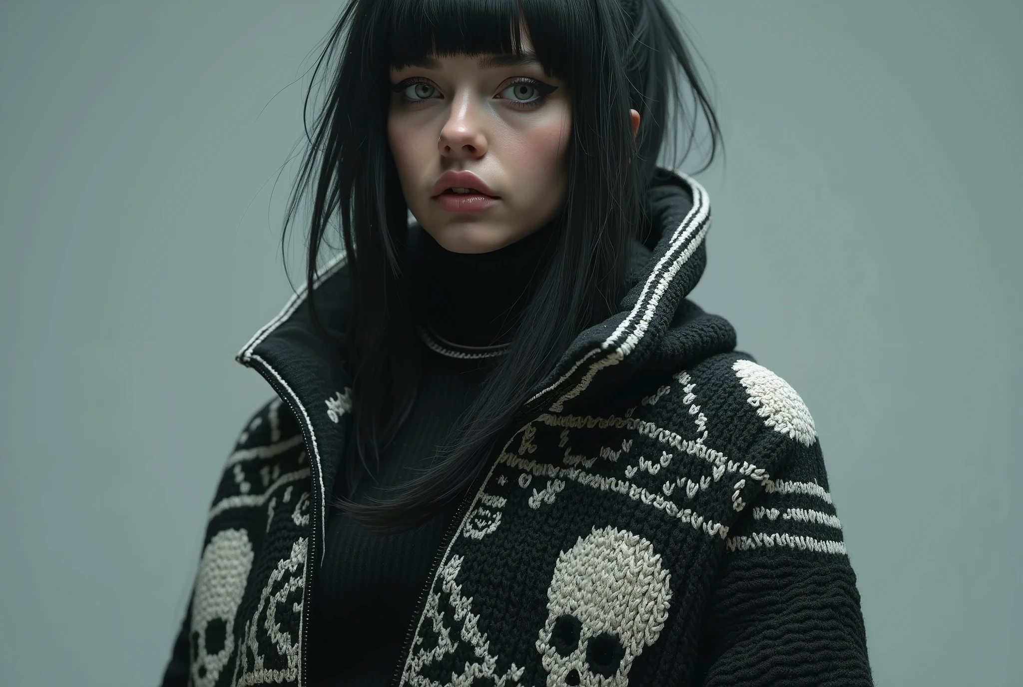 Three-dimensional view of a woman、 (( character design sheet_Front  :side:return))、 Full body portrait、 A jacket knitted with extra thick yarn 、 cyberpunk girl wearing a bomber jacket、［Jacket composition ： Nordic pattern sweater with skulls 、 A jacket knitted with extra thick yarn 、Black ribbed 、］、Knitting Configurations 、 Intricate Knitting Patterns , , very detailed,Emo Girl 、
