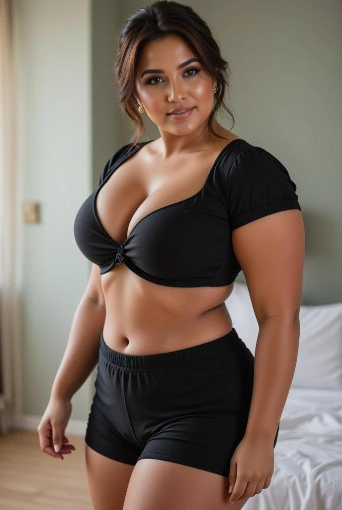 "A 2 woman with a striking appearance, a mix of Latina and other ethnic backgrounds, featuring a light skin tone. She has a curvy and attractive figure, exuding confidence. Her facial features are soft yet defined, with expressive eyes and full lips. Her hair is dark, possibly brown or black, and styled elegantly to complement her overall look. She is dressed in a modern, fashionable outfit that enhances her figure. The image should be hyper-realistic, with detailed textures in her skin, hair, and clothing, and a background that subtly emphasizes her presence without distracting from her beauty."
