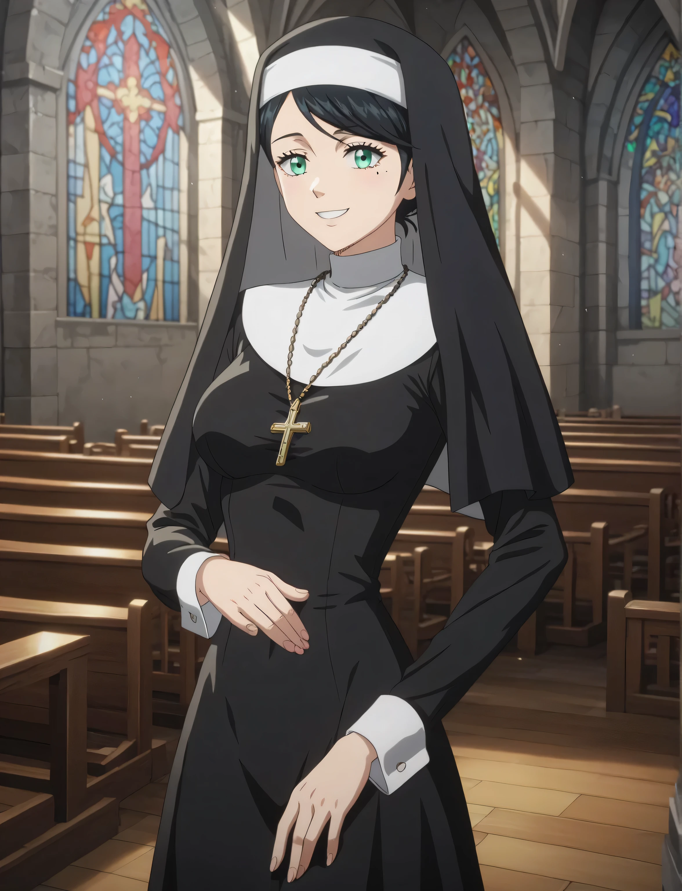 masterpiece, best quality, anime screenscap, lily aquaria, black hair, swept bangs, aqua eyes, mole under eye, ((young female, sexy body, medium breasts)), black clothing, nun outfit, headdress, jewelry, cross necklace, skirt, natural shading, perfect fingers, perfect body, smile, indoors, church,