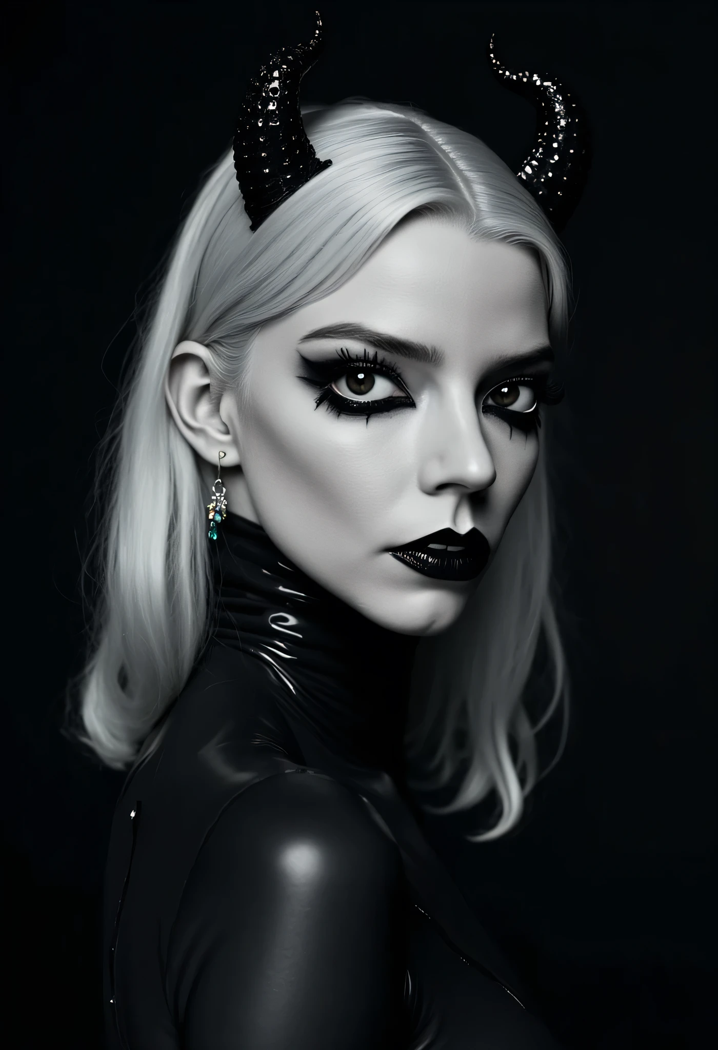 gothic young girl with horns dressed in  full body latex posing for a photo in a dark minimal studio, darksynth aesthetic, minimal background, goth makeup, bizarre fashion photography, ultra detailed, masterpiece, light in the face, white face make up,((gothic make up:1.2)), full body view, realistic face, detailed, ((tight perfect latex:1.2)), white hair

portrait, ((close up:1.5)), face detailed