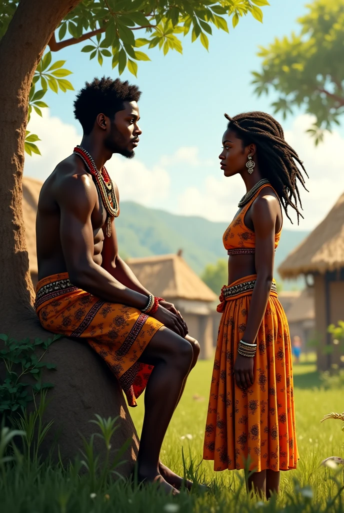 A black woman with curly hair, young man in African clothes from not so ancient times