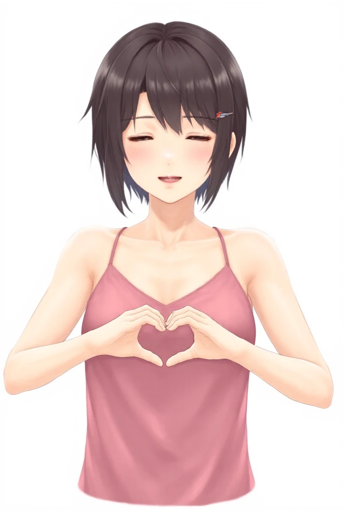 score_9, score_8_Excellent, score_7_Excellent,   Cowboy Shot, From the side,  One Girl,  amount,  Hair Clip, Voice of the Heart, Black Hair, bangs,
,   Heart Hands