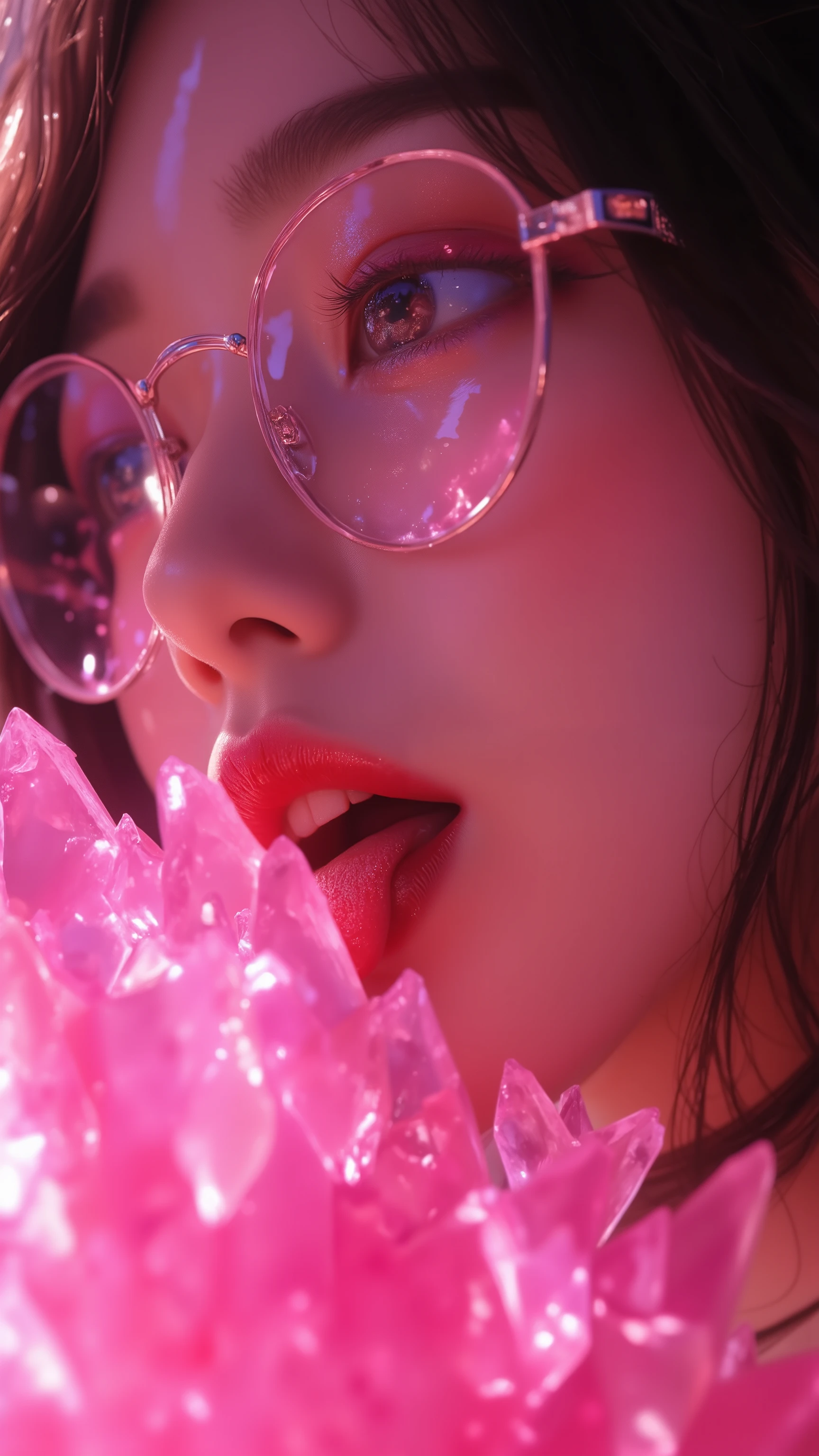 32k, Masterpiece, top quality, ( Korea's Beautiful Woman) Close-up views, side-viewed, long, dark hair, glasses-wearing and covering her face. Her eyes are striking pink, and her slightly open mouth is suggestive of her sharp teeth and tongue-in-cheek expression. Her skin is soft and glossy with subtle highlights. She seems to be licking or tasting the big, bright pink crystals that dominate the bottom of the image. The crystals are multifaceted and reflective.