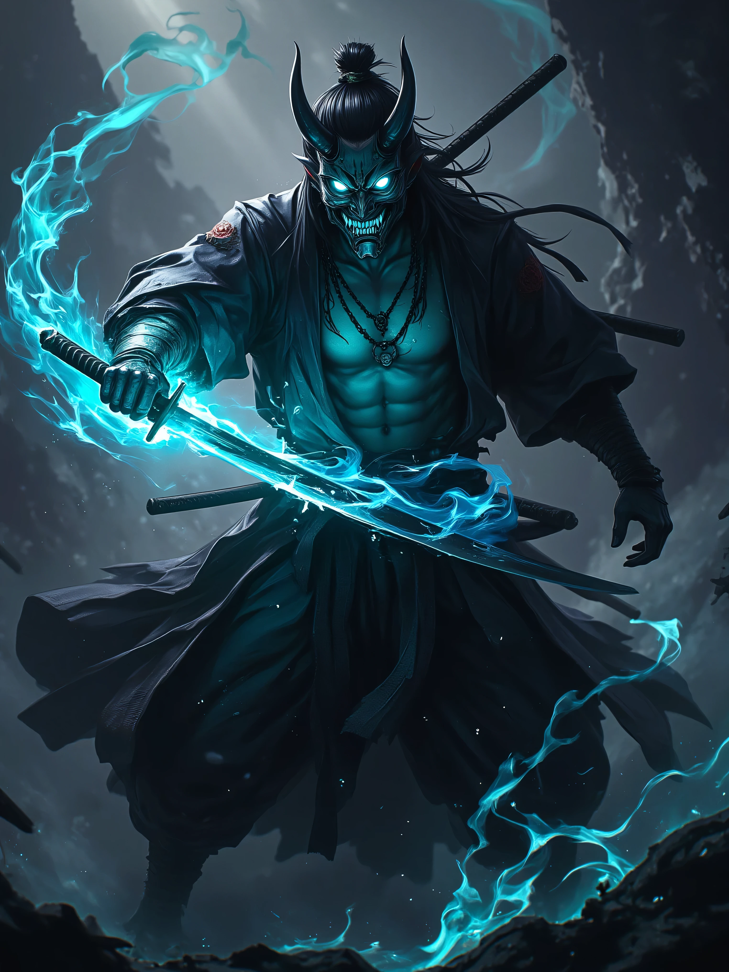 a demonic korean man with luminous eyes, glowing eyes, using the power of souls, magical effects around the character, character who extends his arm towards his katana, arm of the character who is magically absorbed by the katana, stylish character, demon horns, magic demonic color attire of the character, character does not hold a katana, only katana floating in front of the character, demon mask on the face, luminous eyes, demon magic around the character, underworld magic effects of several colors around the character, begins by being absorbed by his katana, katana standing and floating in front of the character, wearing loose korean clothes, long tied black hair, bare torso, wielding blue flames in the shape of a katana, (best quality,4k,8k,highres,masterpiece:1.2),ultra-detailed,(realistic,photorealistic,photo-realistic:1.37),dynamic action scene