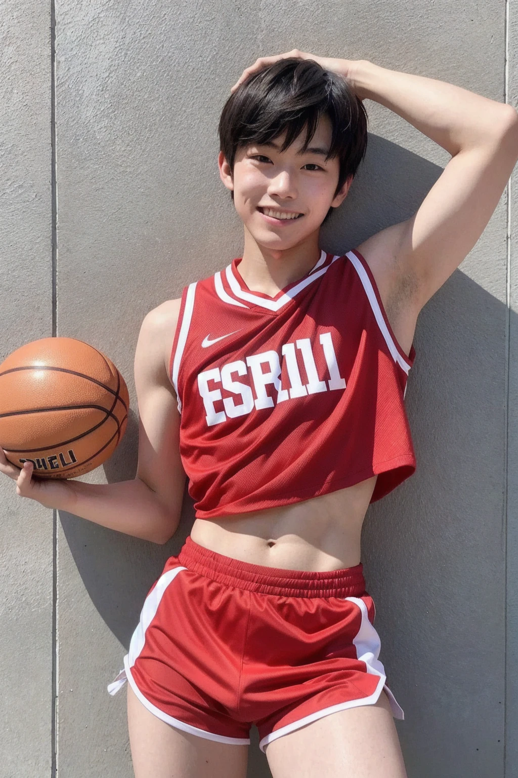 Japanese men、14 years old、Basketball Man、Well-developed muscles and smooth skin、Short Red Hair、Relaxed and friendly smile、Orange boxer briefs、The whole body is visible from toes to head、Fist pump in the bathroom、