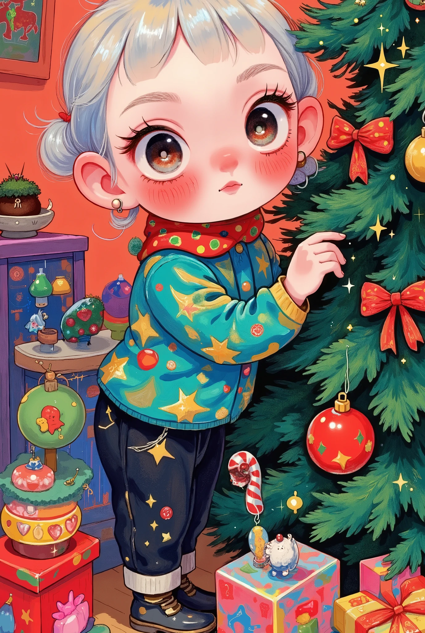 boy with Isekai as the protagonist in the red Christmas ball , decorating a Christmas tree , Inside is a age boy whs the protagonist of an Isekai story , White hair, grey eyes , Dark brown skin , Relaxed , Body
