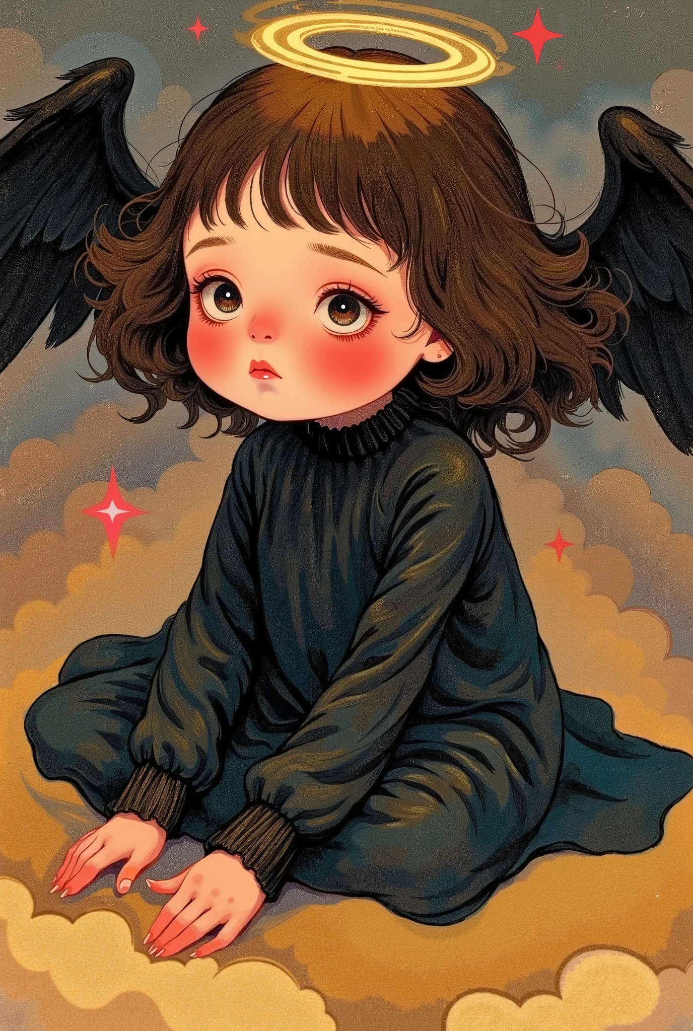 ((Dark Renaissance by Bartolome Murillo)) (( Angel Girl with Black Wings )), unique , ((Sitting on a cloud)), Tragic scene, Halo, dark clouds, , Half turned and looking at the audience, Lower your head, Dark Tunic , curly brown hair , (( Bartolome Murillo Style )), Dark Renaissance, Old Yellowish Gradient Canvas , (( Best Quality , masterpiece)), (More rights , high detail), Impressionism: 1.1, 8K