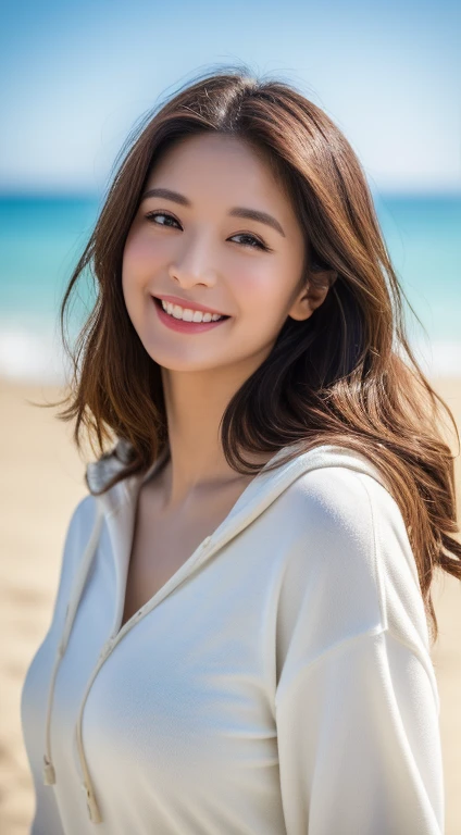 (masterpiece, Highest quality, Realistic, Very detailed, In detail, High resolution, 8k wallpaper), Beautiful woman close-up, Standing on the shore of a lake, necklace, Laughing happily, Light brown messy long hair, Wearing a black business suit, White color see-through blouse， A blouse worn directly against the skin without underwear，Blouse unbuttoned to the chest，See-through chest，Exposed breasts，tight short skirt, Large Breasts, Perfect dynamic composition, Beautiful details, Detailed Hair, Detailed and realistic skin texture, Fashion magazine cover, Professional photography, ,xx mix_１girl