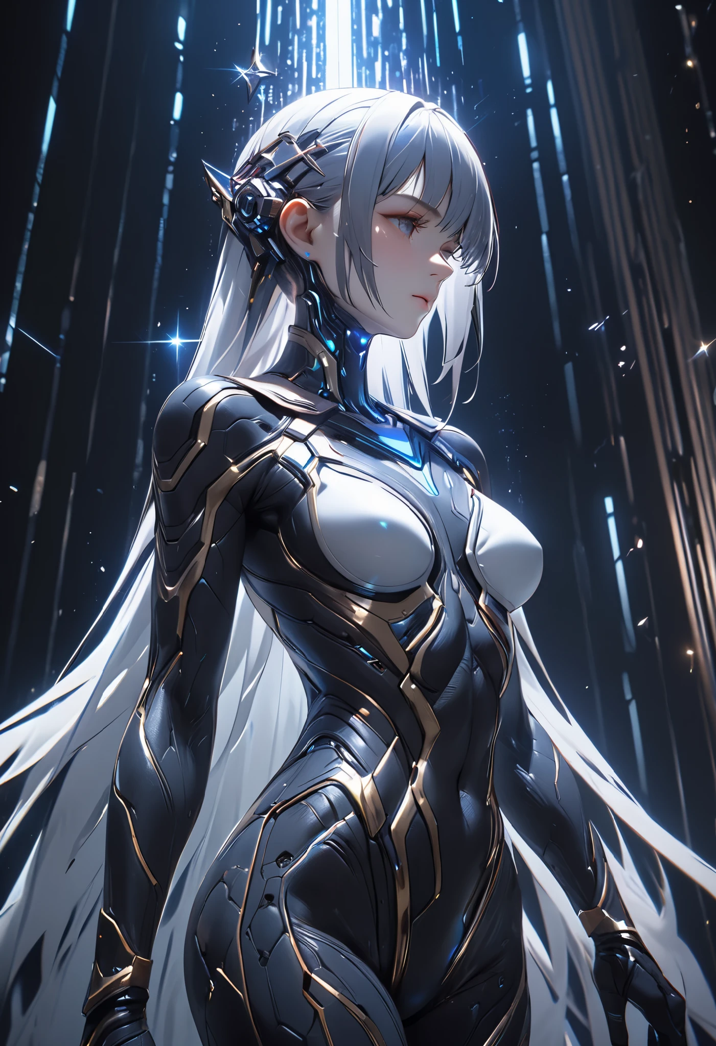 sparkle, cinematic lighting, UHD, (best quality:1.2), high quality, high details, ((anatomically correct)), textured skin, super detail, accurate, Cyberspace, SF, spectacle, independent woman, loneliness, sadness, high-performance costume