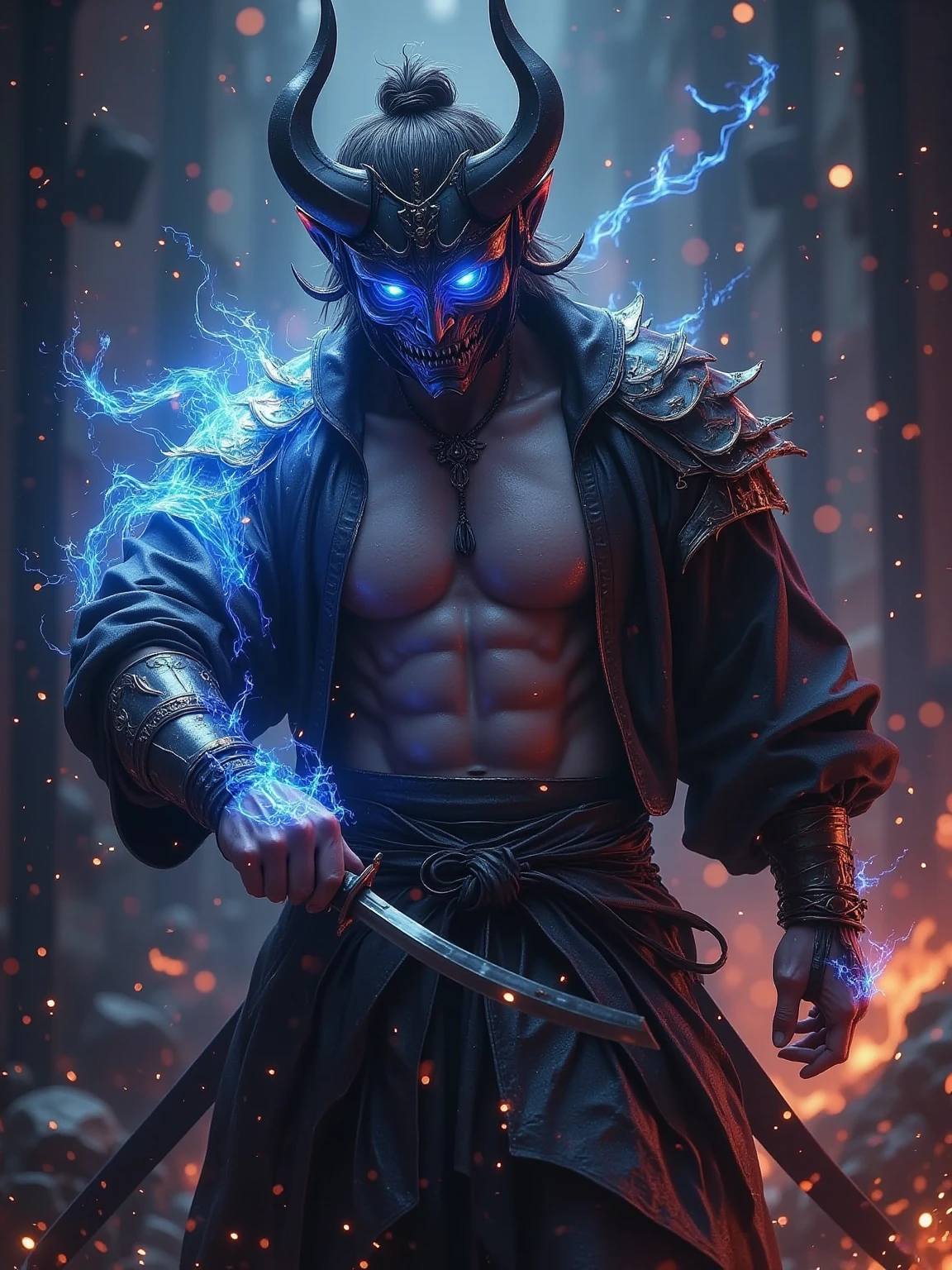 Create me a samurai with a purple aura and purple rays around him with a white mask full of scars on his body, short hair, entire body, be thin