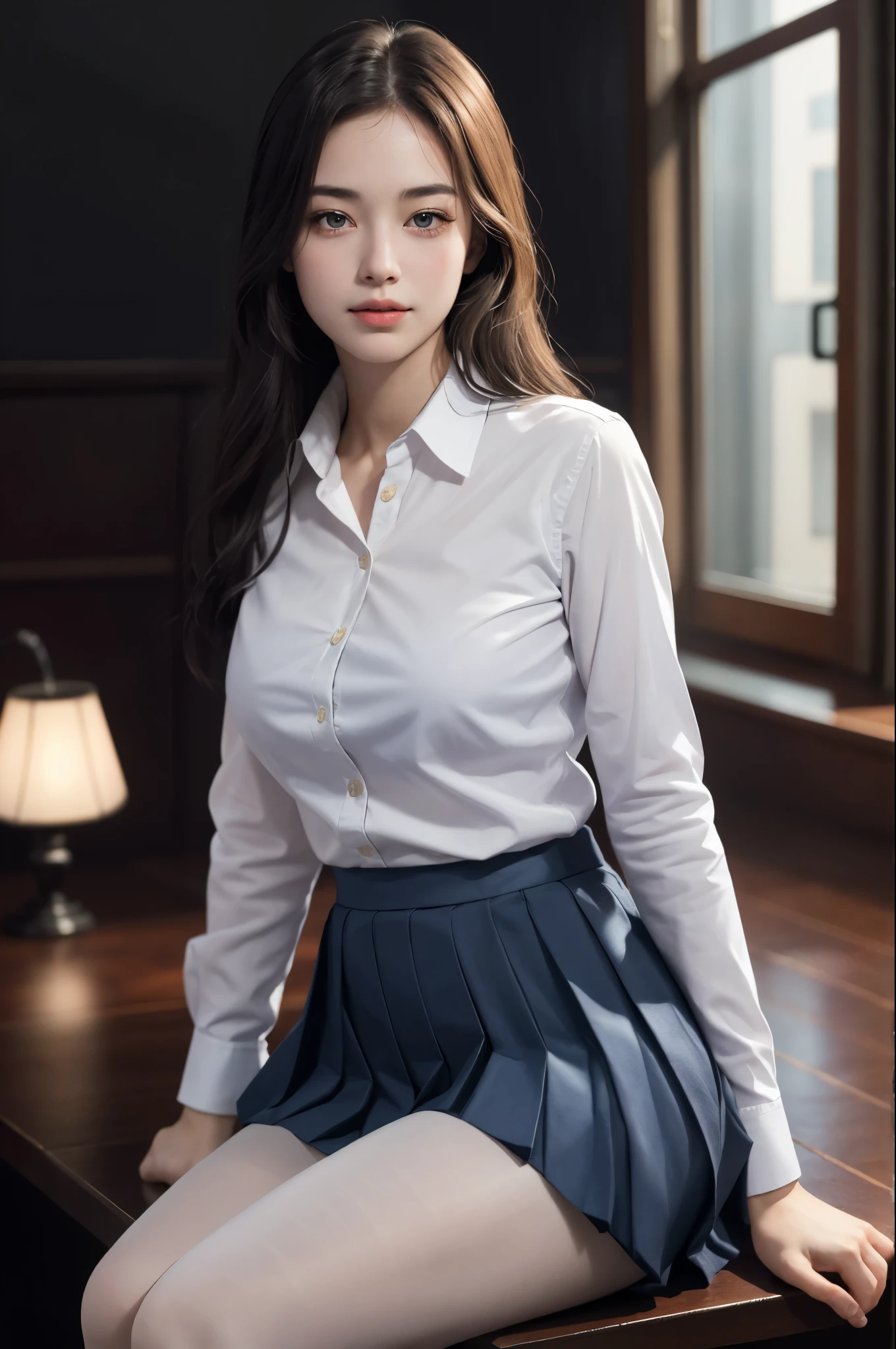 ultra realistic 8k cg, picture-perfect face, flawless, clean, masterpiece, professional artwork, famous artwork, perfect face, beautiful face, beautiful eyes, ((perfect female body)), solo,(immersive atmosphere, chiaroscuro:1.5,bright light:1.2,luminous lighting)
,,(blush:0.5),seductive expression,extremely detailed_eyes,thick thighs,large breasts,
beautifully detailed background,depth of field,realistic:1.3, long shot,1girl,shirt,pleated skirt, school uniform, sitting, full body, 
(ambient light:1.3),(cinematic composition:1.3),(neon lights:0.1),(HDR:0.1),Accent Lighting, white pantyhose,