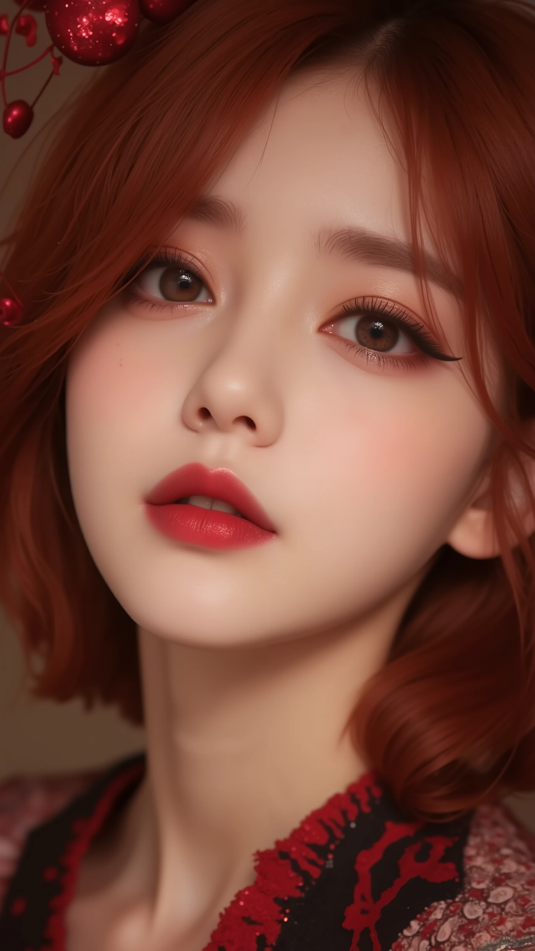 32k, Masterpiece, top quality, (( Korean woman )) Close-up, redhead, wavy hair, bangs, almond eyes, brown eyeshadow, eyeliner, long lashes, matte red lips, smooth skin, patterned garment, red accents, soft lighting, soft focus, subtle makeup, bold lip color, loose hair, no background.
