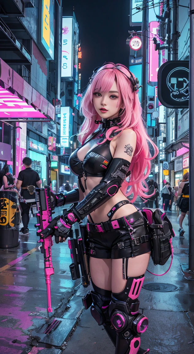 bunny girl, her hair is pink and long, her style is cyberpunk with weapons around the body in red