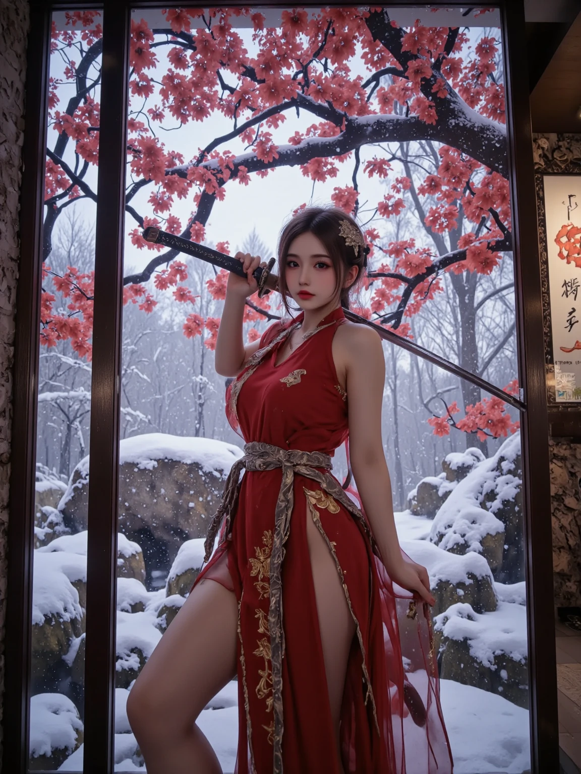 A Chinese-style photo， In front of it is another river made entirely of fog ， A Chinese-style poster 、 composed of snowflakes and splashing ink ， that exudes immortal heroism 。 The image displayed inside the vent is a red tree hanging on a winter red tree flower。A girl in a flowing red robe，Waving a long sword ， An ancient knight in a flowing red robe 。 ， Her nose is straight and exquisite 。 It's a mysterious and beautiful fantasy world ， forms a huge vent 