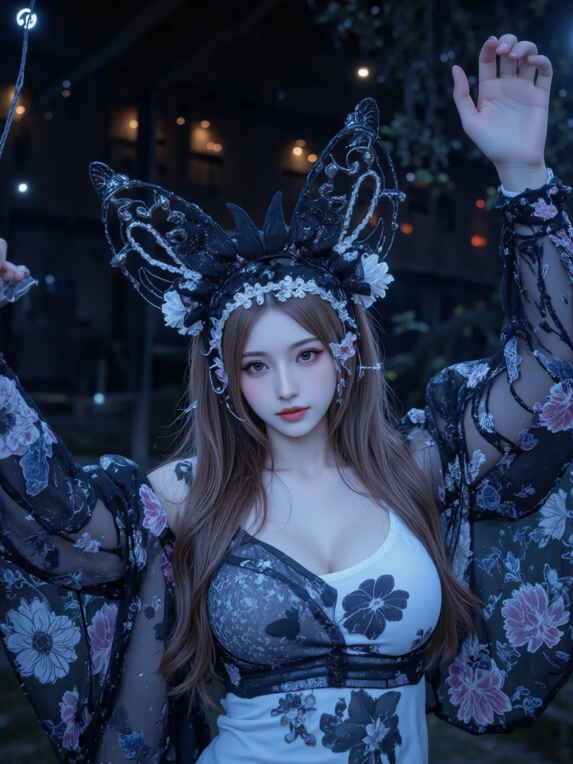 irene1, best quality ,masterpiece, an extremely delicate and beautiful, extremely detailed ,CG ,unity ,8k wallpaper, Amazing, finely detail, masterpiece,best quality, extremely detailed CG unity 8k wallpaper,absurdres, incredibly absurdres, huge filesize , ultra-detailed, highres, extremely detailed, beautiful detailed girl, extremely detailed eyes and face, beautiful detailed eyes, (RAW photo, best quality), (realistic, photo-realistic:1.3), full body,night sky, full moon,perspective,light on face, in a garden, sitting on a big black rock shooter,fox ears, nsfw, looking out at the city lights at night with a dreamy expression on her face, (eyewear on head, ) <lora:koreanDollLikeness_v15:0.2> <lora:taiwanDollLikeness_v10:0.5> <lora:V11ForegroundPlant_V11:0.7>