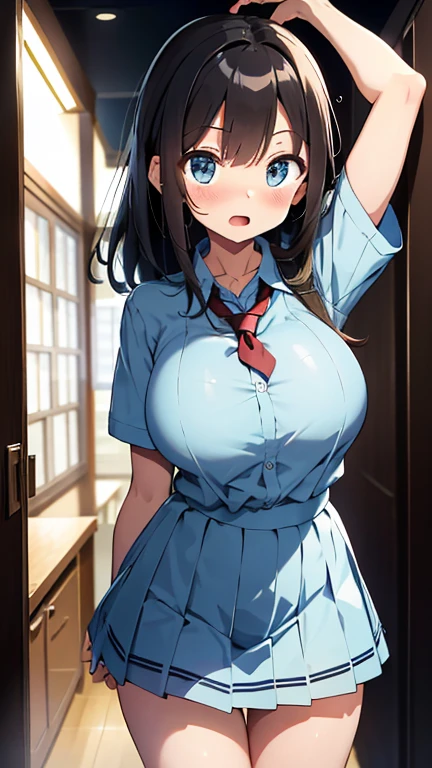 （（tmasterpiece）），（（best qualtiy）），ultra - detailed，illustratio，????????，nsfw，beaturiful body，beautiful nose，Beautiful character design，perfect  eyes，s the perfect face，Wallpapers，Super high-rise，4K，photography of，（big breasts beautiful，Bigboobs：1.2），（beauitful face：1.2），senran，（black color hair，long whitr hair，wavey hair），1girll，racket，solo person，tennis racket，Close your eyes with one eye，underdressing，tennis wear，pantiess，a skirt，track suit，inside in room，Tennis Tube，from below，nabel，pantiess，white  panties，are standing，无袖，The shirt，blue-sky，sleeveless shirts，White color blouse，looking at viewert，Superskirt，boobgasm，exteriors，hair between eye，By bangs，white  skirt，shiny，pleatedskirt，hason，collared shir，shinny hair，Arm on the back，Keep your mouth shut，ssmile，blue colored eyes，nose blush，perspire，Be red in the face