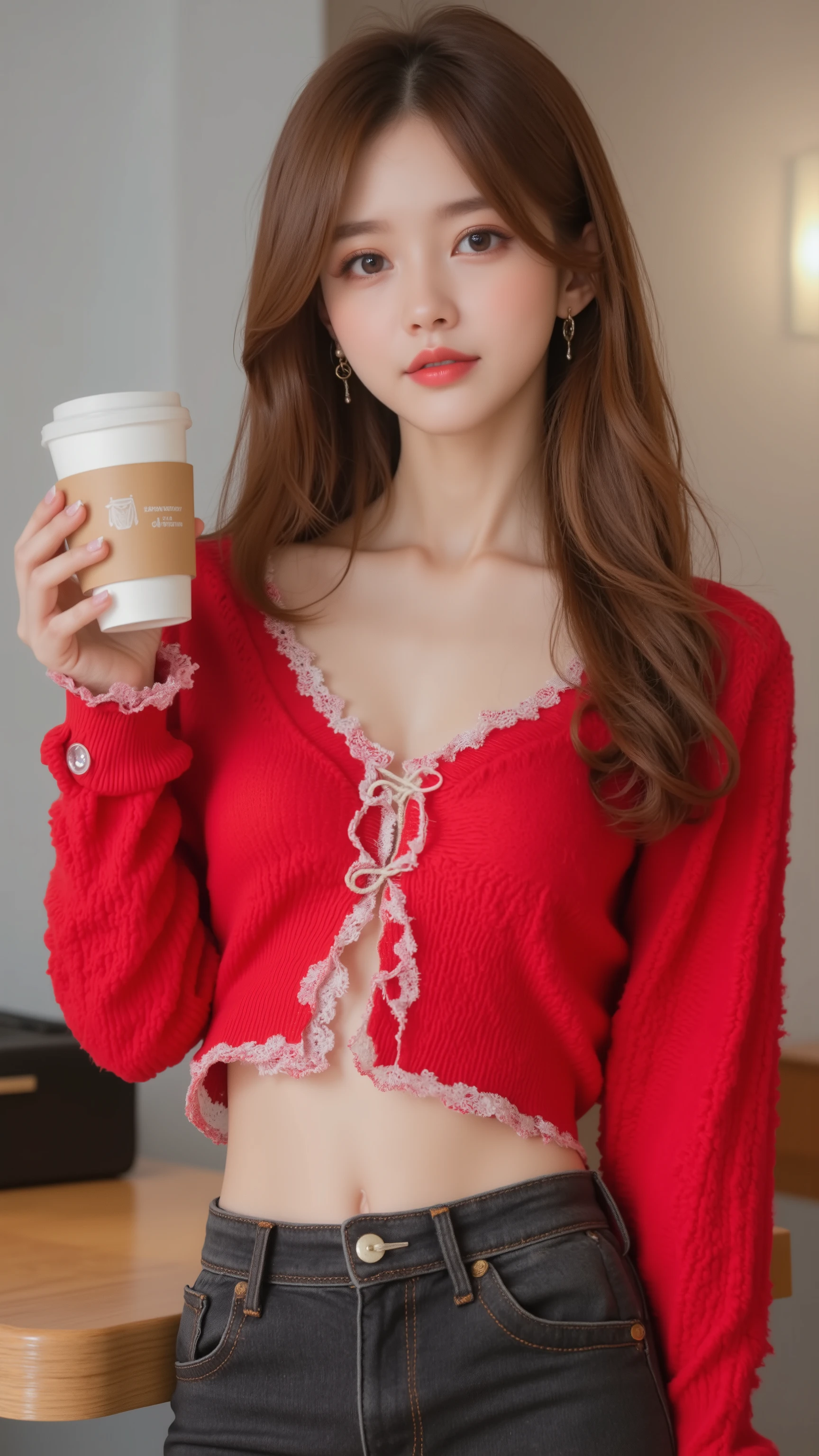 32k, Masterpiece, top quality, (( Korean woman )) long brown hair, center part, bangs, red cropped cardigan, white lace trim, buttoned, drawstring waist, dark jeans, coffee cup, casual pose, soft lighting, Korean fashion aesthetic, light background, wooden table, dark bag.