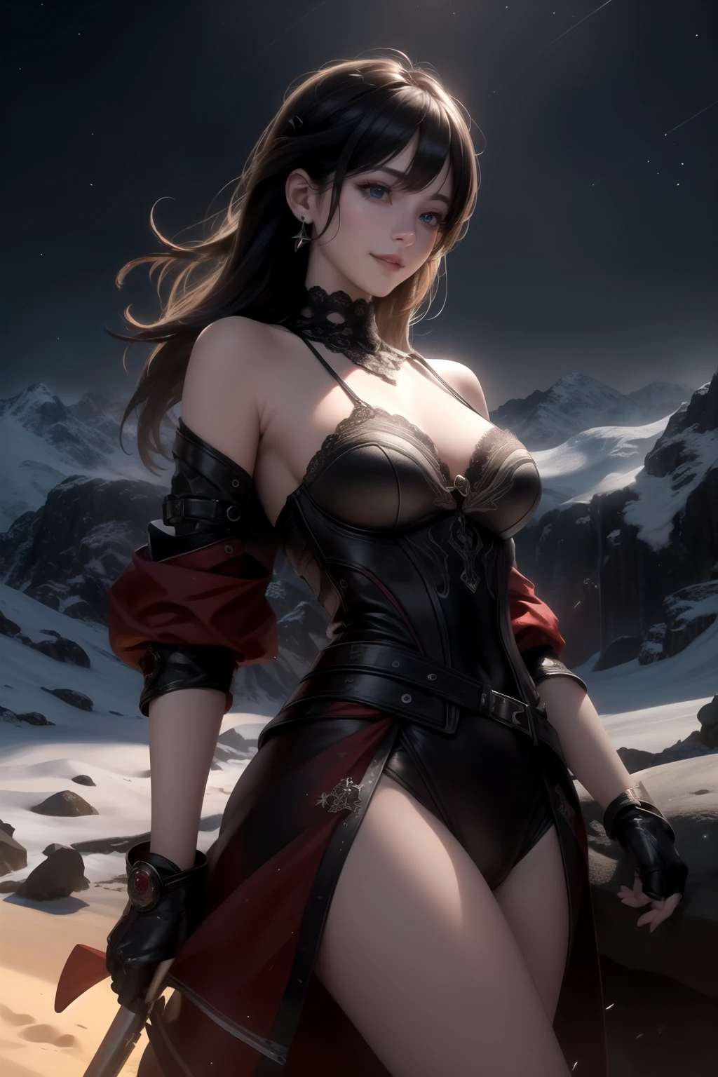 (realisitic,Photorealsitic:1.4),(1 beauty:1.3),(beautiful countenance:1.5),Detailed shiny skin,A detailed eye,Precise hands and fingers,8K HDR, , masterpiece, (Dynamic Angle Video),电影灯光, Finely drawn backgrounds,(steampunc,Decadent,scientific fiction,bleed,Traces of war:1.2),Beautiful American,s Fashion,brown haired,short-hair,Frigid tundra,snowy forest,Wielding a long sword,attractive navel,Composition looking up from below