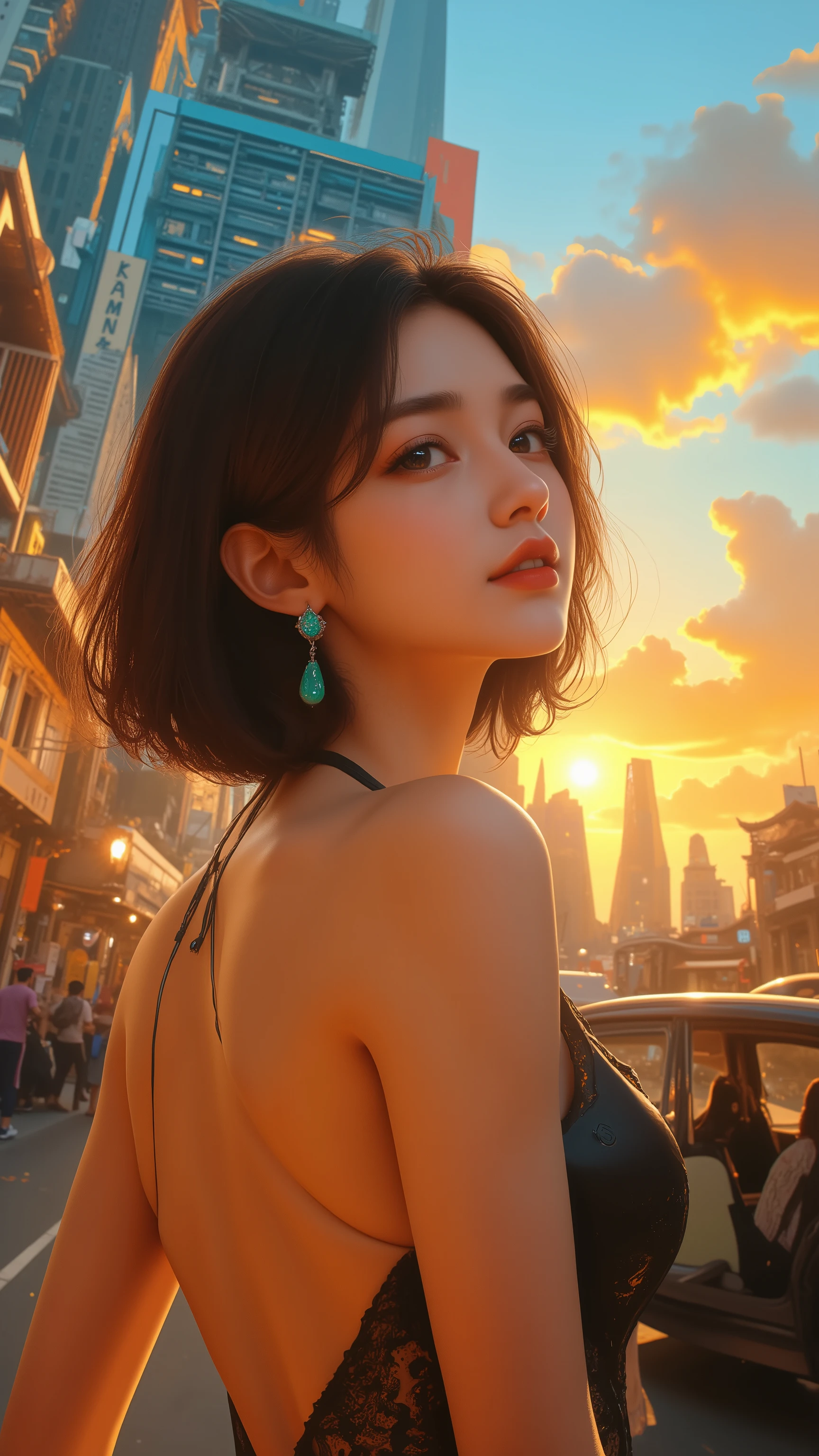 32k, Masterpiece, top quality, ( Korea's Beautiful Woman) from below, Three-quarter view, side view, short bob, dark hair, turquoise earring, smooth skin, sultry expression, smirk, black backless halter-neck dress, painted nails, light blue, sunset, orange, yellow, urban, Asian-influenced, stylized buildings, strong contrasting colors.