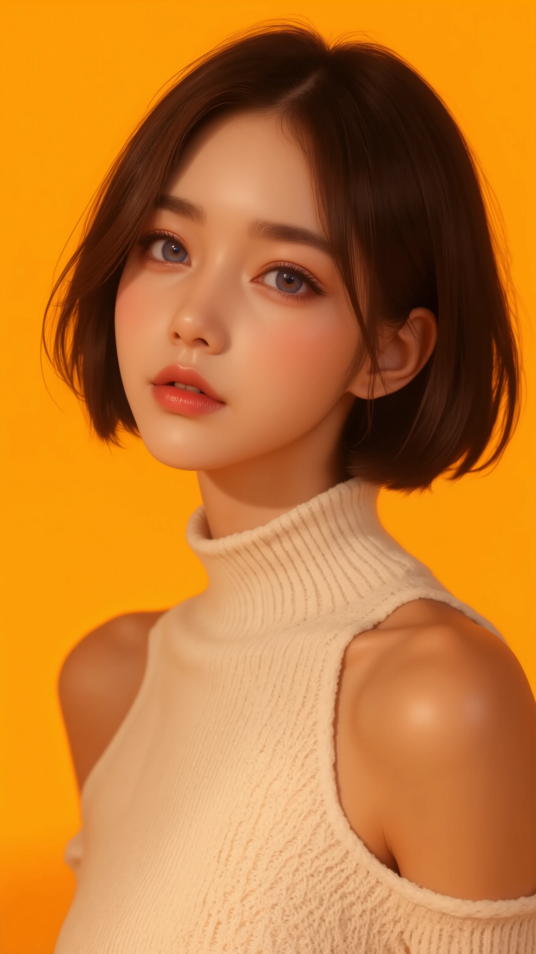 Create a photorealistic, Daylight image of a short-haired Asian woman with large, brightly blue eyes and soft lips, wearing a sleeveless sweater accented with cutout shoulders, showcasing a lone figure against a bright and vibrant orange-yellow background