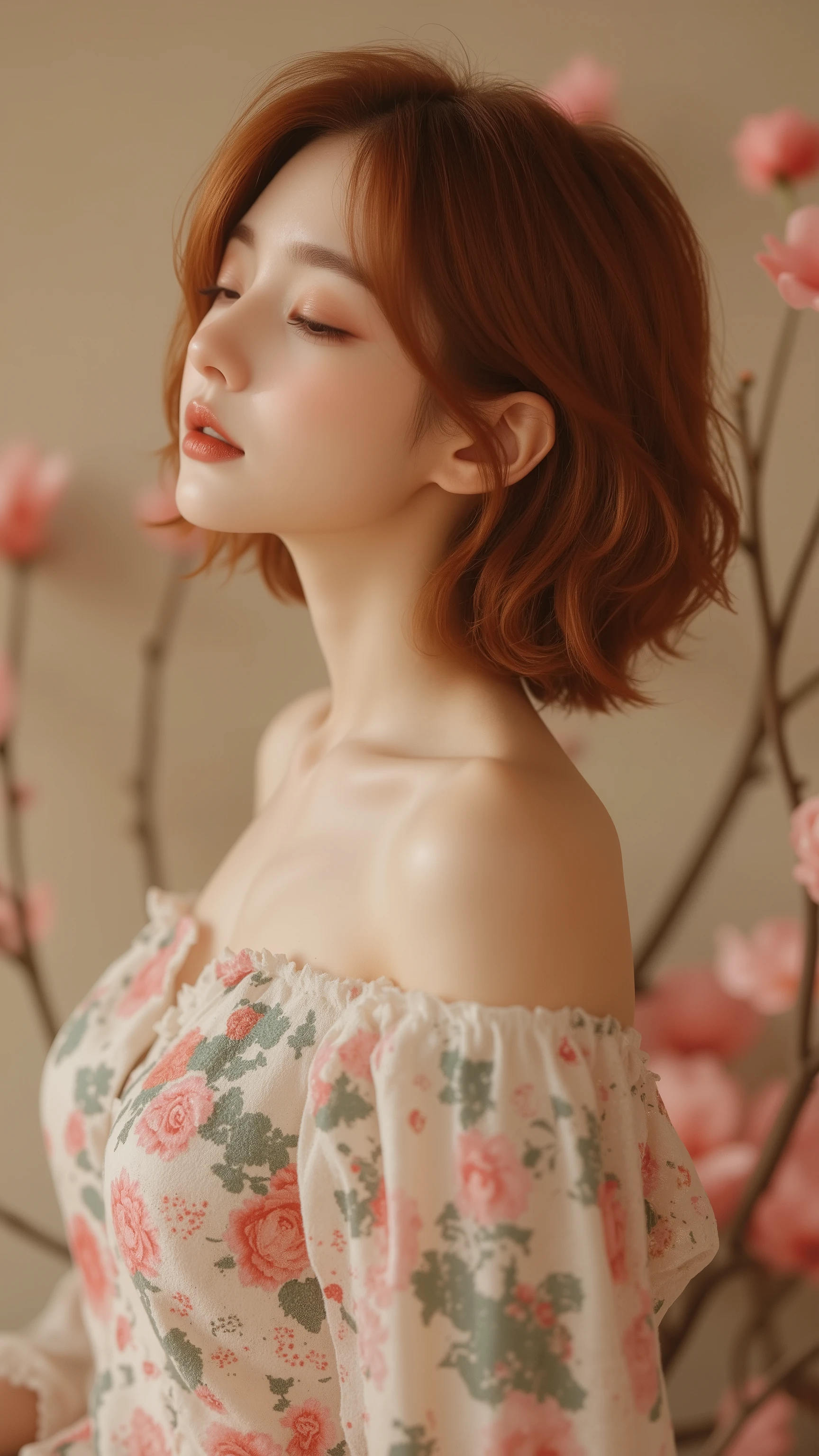 32k, Masterpiece, top quality, ( Korea's Beautiful Woman) Side view, Floral. Off-the-shoulder dress. Reddish-brown hair. Short, wavy. Drywall background. Spring or summer aesthetic. Soft focus. Petals. Casual. Vintage. Artistic. Beautiful. Serene. Tranquil. Captivating.