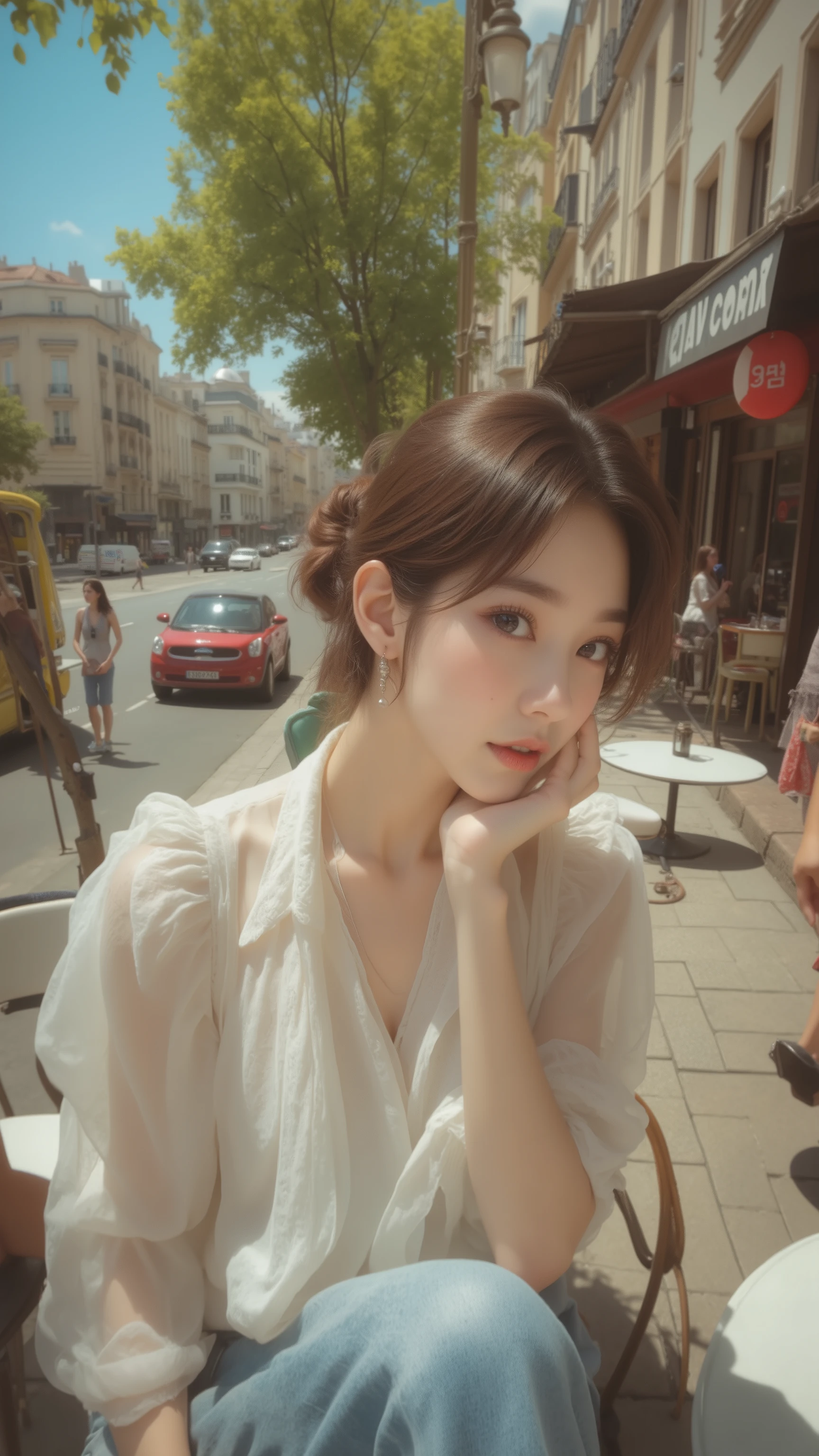 32k, Masterpiece, top quality, ( Korea's Beautiful Woman) High-angle, slightly downward viewpoint.  Brown hair, ponytail, fair skin, large eyes, delicate features. Sheer blouse, puffy sleeves, off-white, light blue wide-legged jeans.  Relaxed, Sit at the table, sit on the chair, contemplative pose, hand on chin. Parisian street, buildings, trees, cafe setting, sunny.