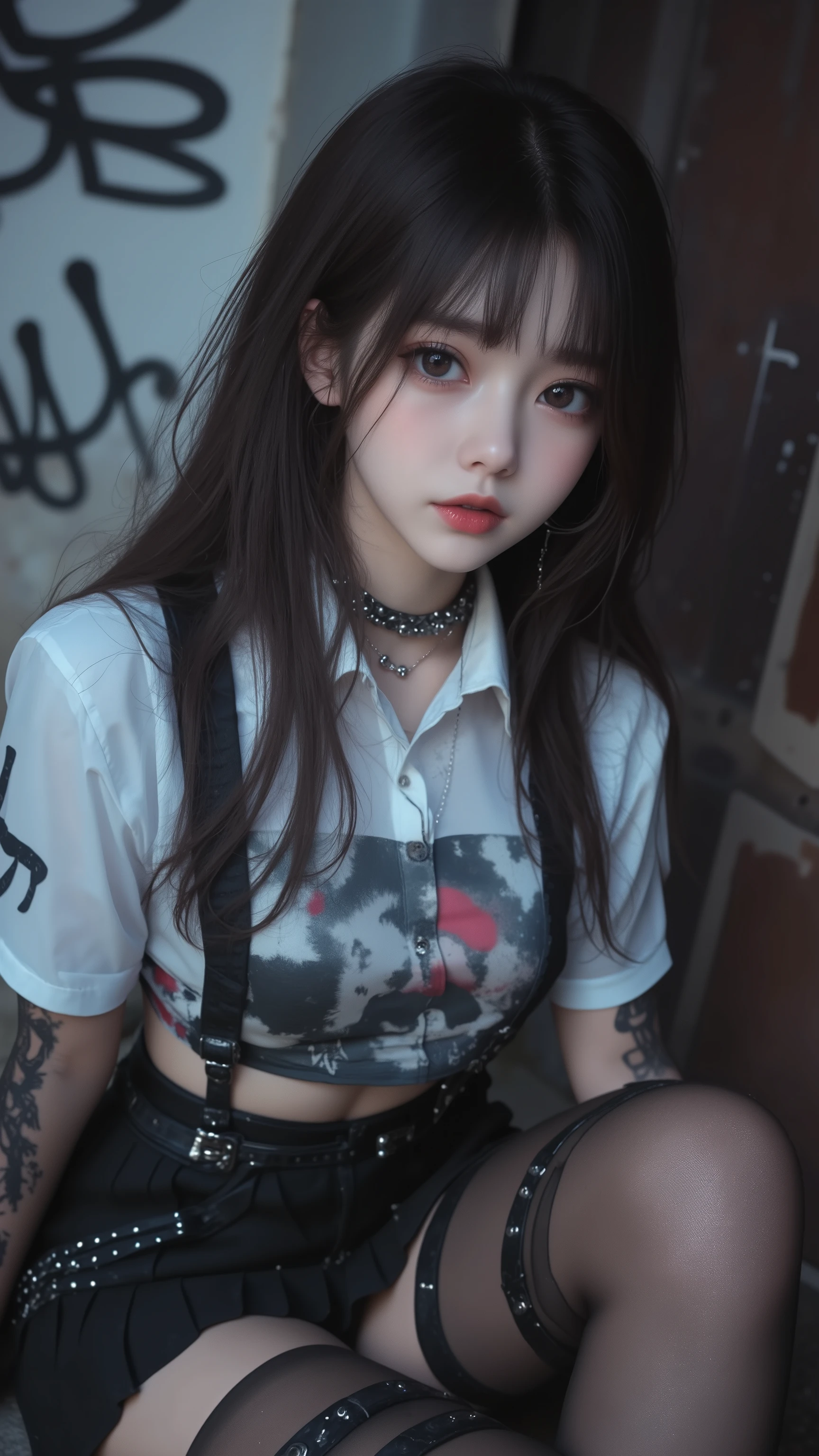 32k, Masterpiece, top quality, ( Korea's Beautiful Woman) Close-up, eye-level,  long hair, bangs, large eyes, pale skin, soft features, oversized shirt, graphic print, black skirt, pleated, studded detailing, thigh-high stockings, straps, buckles, choker necklace, silver chain, blurred background, a wall with graffiti on it,  soft lighting, ethereal, gothic, alternative.