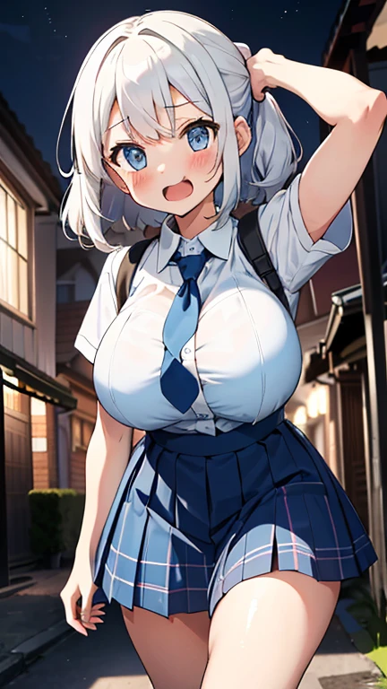 (​masterpiece、top-quality、ultra-detailliert)、((1  girl))、((silver hair French braid))、light blue  eyes、she is looking his penis,evilsmile、piercings、((very Bigger breasts))、White camisole、shortsleeves、cleavage、Black pleated skirt、(cameltoe,pussy,)、(white long slouchy socks)、loafers、(squatting)、Taken from below、street Background,(((see through camisole)),(((visible Nipples)),((smile)),((Mesugaki)),((grin)),red school bag,red backpack,((spread legs)),   BREAK   a Naked boy,pov male masturbation,((boy show off the penis)),penis to her face,((penis)),squeeze own penis,((eject cum)), ((cum,sperm,semen)),((ejaculation semen)),((ejaculation cum))