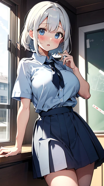 An illustration girl 18-year-old short bob super mini skirt blue eyes vest bust Too exposed Looks embarrassed Racy line constriction sitting white hair