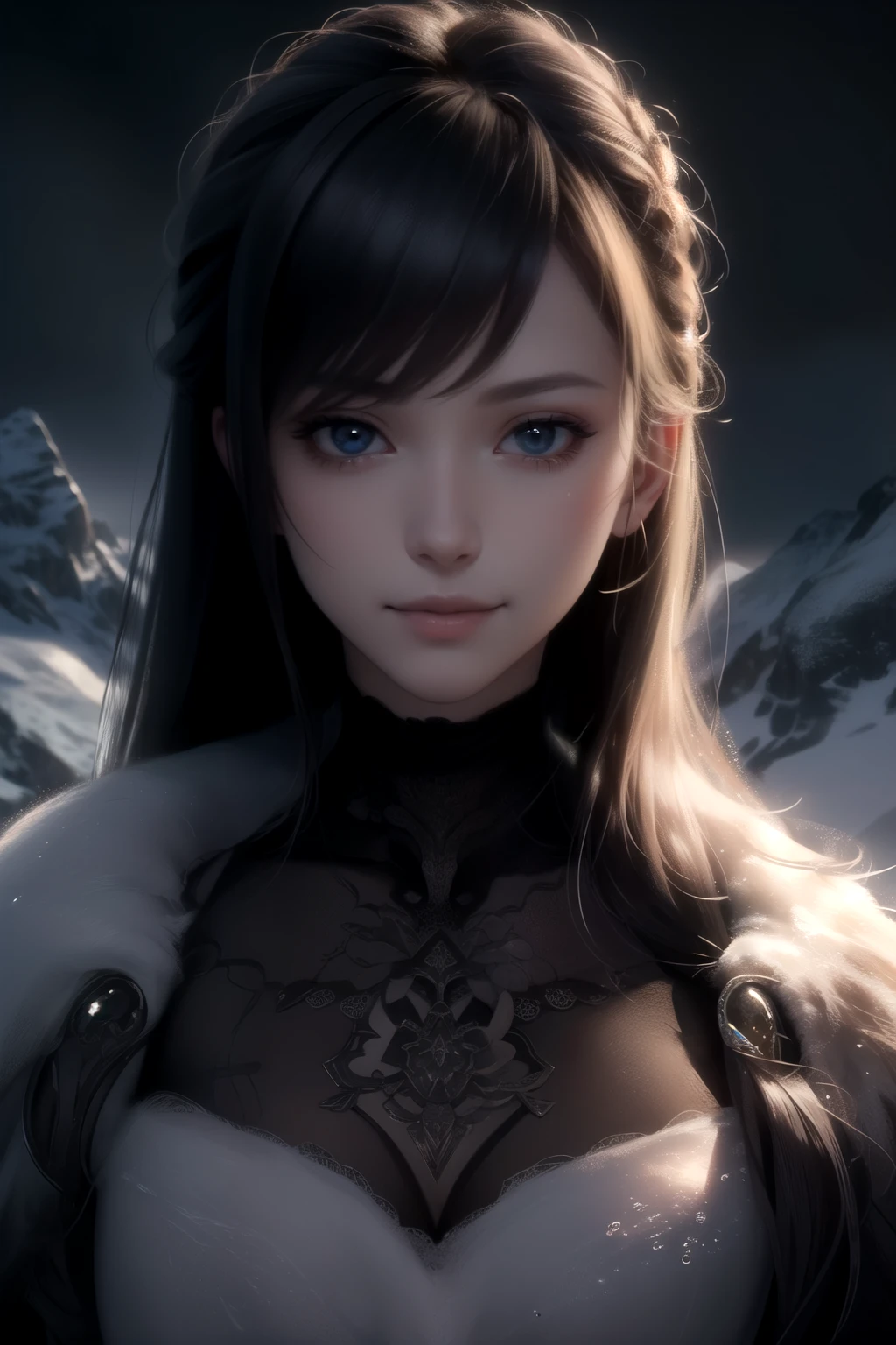 Handsome woman,Goose egg face,largeeyes,long eyelasher,With bangs,Cool handsome,Domineering,Exquisite(live-action realistic style),Ultimate face,Photorealistic light and shadow,Star-like eyes,She wears long loose black hair and reaches her waist,(hair flowing),(Black starry sky background),Upper body background,nedium breasts,Swan neck,Look back,big breasts beautiful,Extremely high quality,Cinematic graphics,High quality CG,8K分辨率,Mecha,jump,(Super detail)