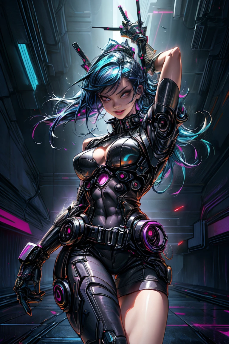 score_9, score_8_up, score_7_up, rating_explicit, (Best quality:1.4), (Masterpiece:1.4), (Unreal engine:1.4), (HD), (high resolution), (Ultra-detailed), (photorealistic:1.4), (Artwork master:1.8), cyberpunk, (cyberpunk:2.1), (1girl), Ariana Grande cyberpunk, 16-year-old, (Perfect anatomy), (perfect proportions), (skin texture:1.4), (cyborg limbs), (Beautiful blue eyes), (long blue hair:1.4), (convex detailed fingers), Breast enlargement, big glutes, (white cyborg latex bodysuit), (Electronic visor attached to the face), sexy pose, kneel, emphasis on the buttocks, Neon lights in the dark city at night