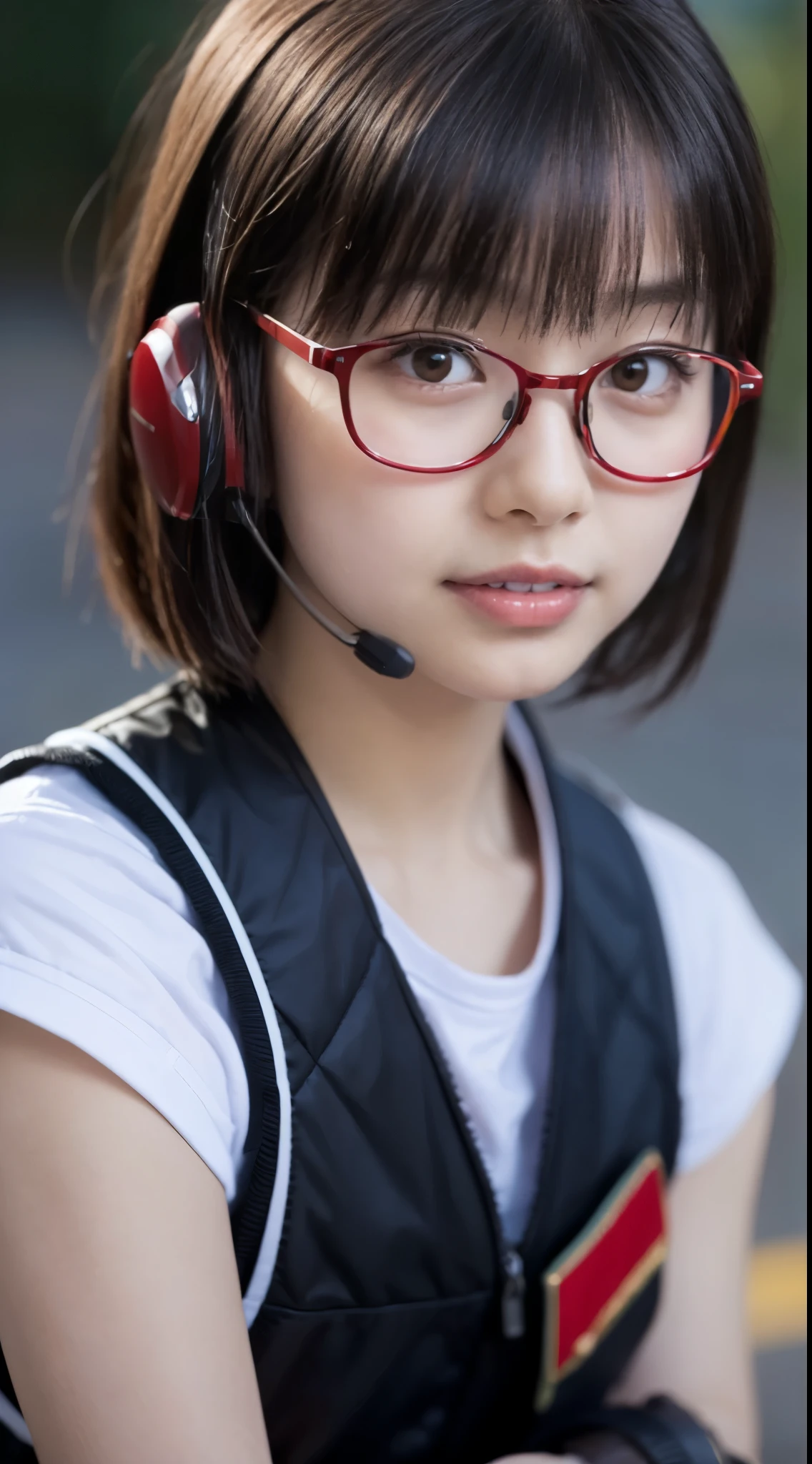 masterpiece , girl, on the battlefield, ( light white short hair:1.2), (red eyes:1.2), (Russian military:1.2), (view audience:1.2) , (8K, 最high quality 1.2), Super detailed, 8K uhd, soft lighting, high quality, film grain, beautiful lighting, cinematic ,perfect body , best illumination, best shadow, sharpness, contrast, red glasses, messy hair, tactical vest, gloves, headset, absurd high detailed face