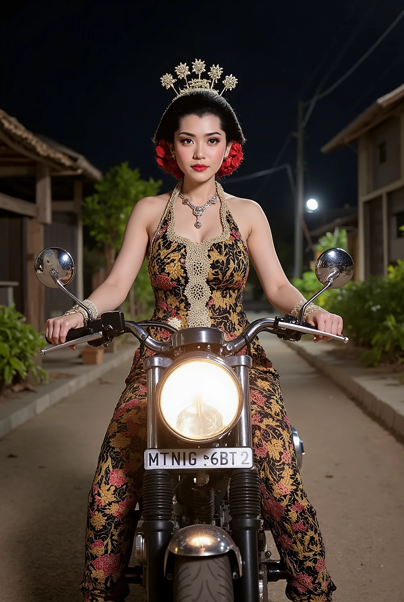 Women in classic traditional Javanese dress. silver, shackles , collar ,. In front of the camera . riding a motor sport . good. And nice . Indonesian village road background. Night background °mix4 , 20d,hyper-realistic:1.37),16K HD