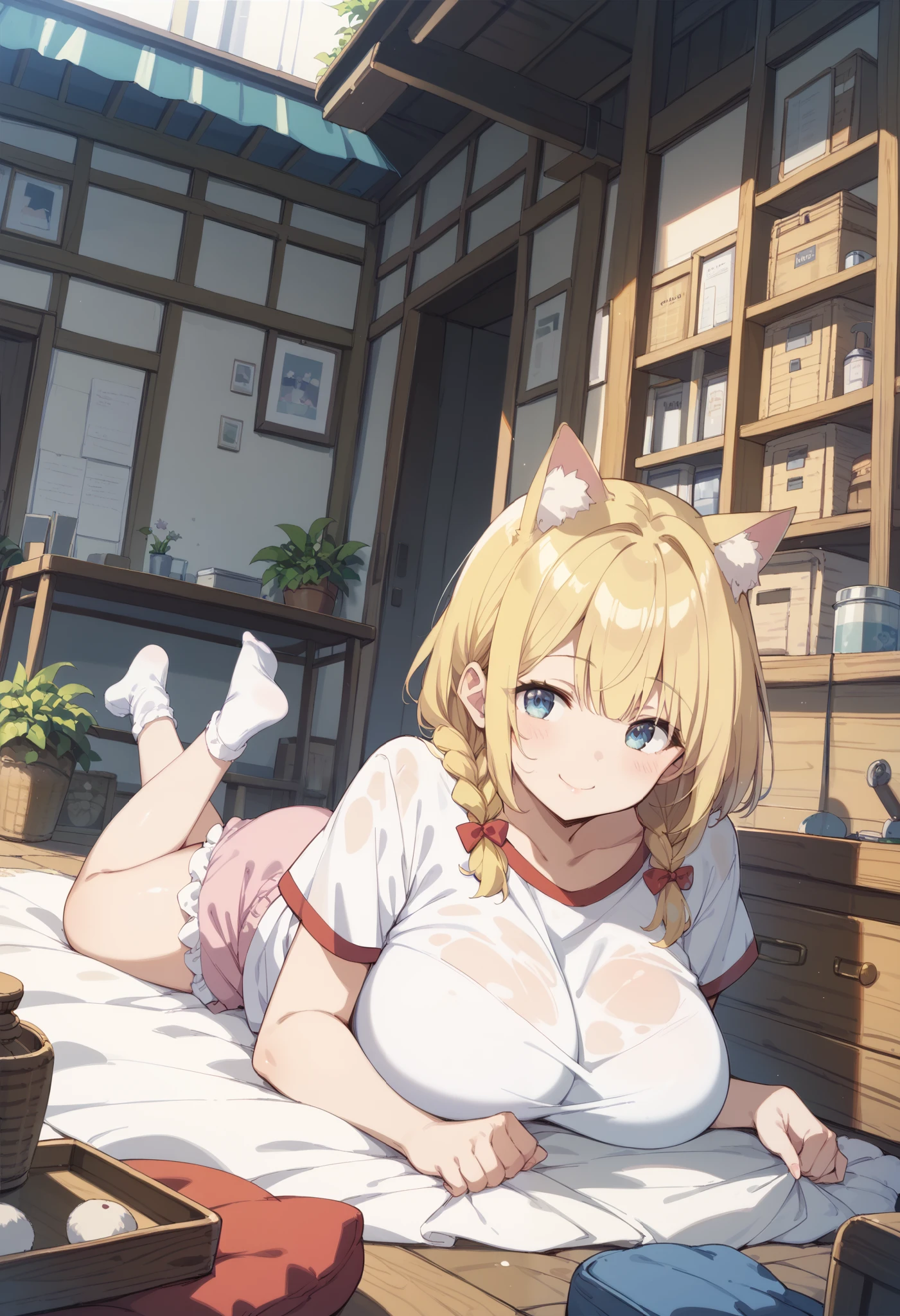 Cat ears、 bob cut blonde hair 、 braids on both sides、smile、mat、 Another World、 huge breasts 、 jump box、Bloomers、 muddy 、 white high socks