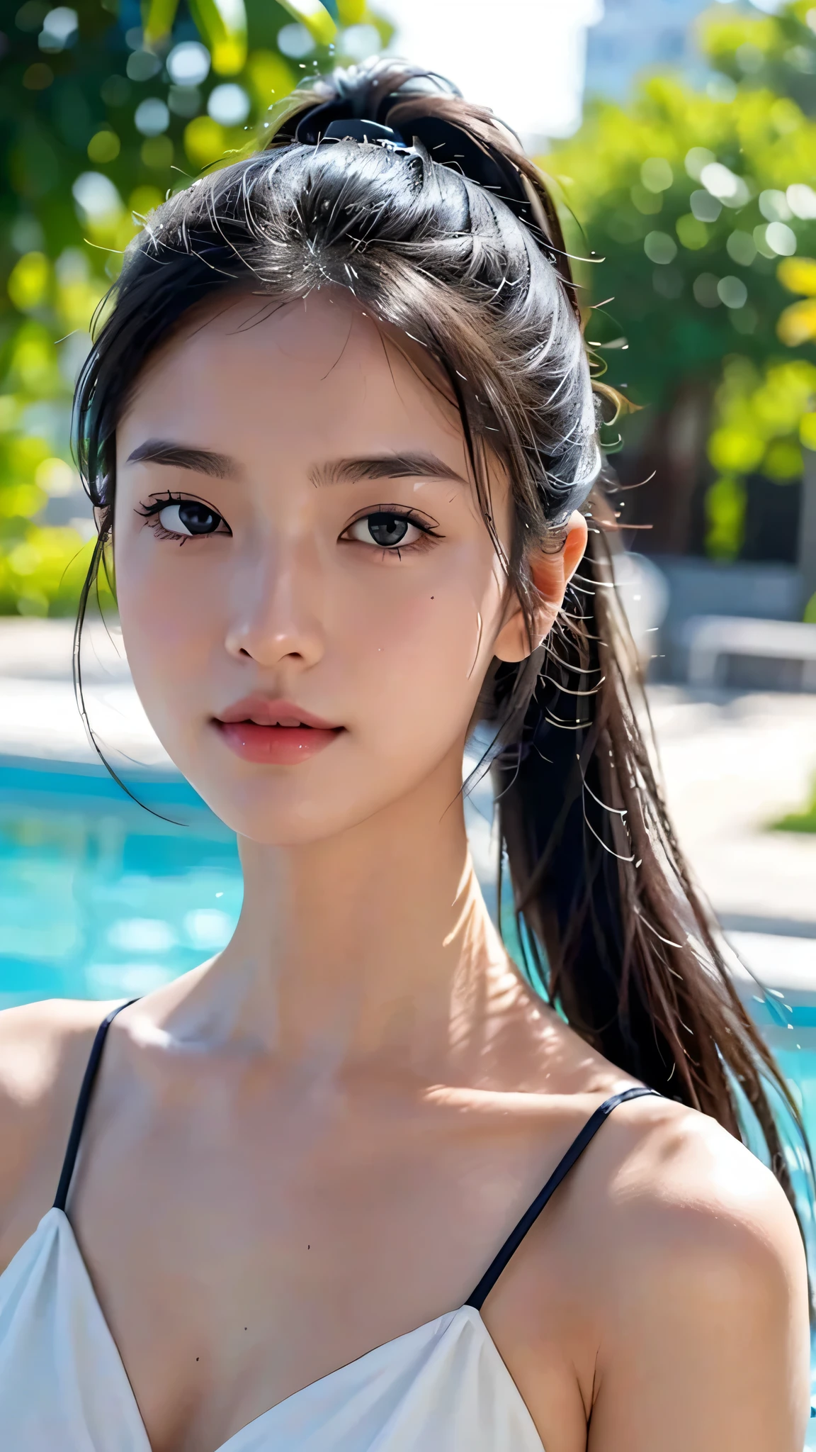 1girl, puffy nipples, (small breasts), (curvy body:0.8), uncensored,
angelic face, detailed face, backlighting, light on face, (facial expression of smile and sleepy and laugh:1.2), (heavy makeup:1.3), blue eyes,
((perfect female figure)),(sharp focus:1.4), (realistic humid skin:1.6), (soaked body), detailed eyes,(curvy body:0.8), (long black ponytail hair:1.2), (camera focus on face), depth of field, best quality, ultra high res, (photorealistic:1.4), (wet skin), ((micro bikini)), looking at viewer