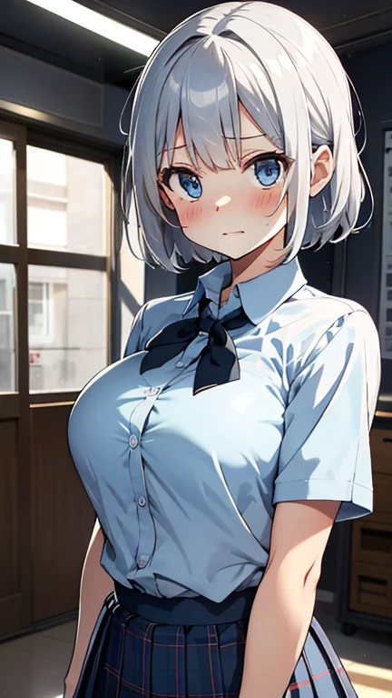 1girl, silver hair, short hair, bob cut, , light blue eye, large breasts, school uniform, nsfw, pussy, anal,