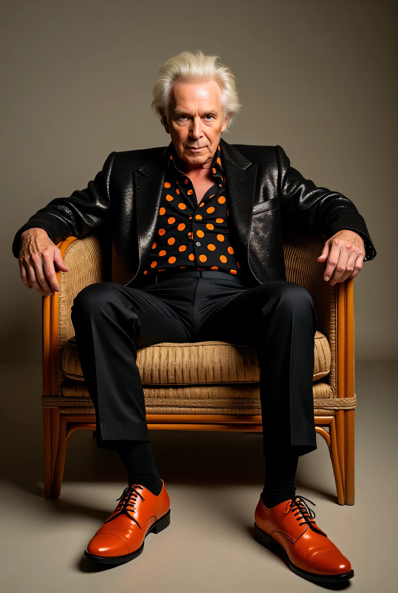 In a completely white room sits in a chair facing you, face down, a man wearing pants and a thick cotton long-sleeved coat with long sleeves and white gloves and shiny black boots. From its white head, orange smoke flow emanates