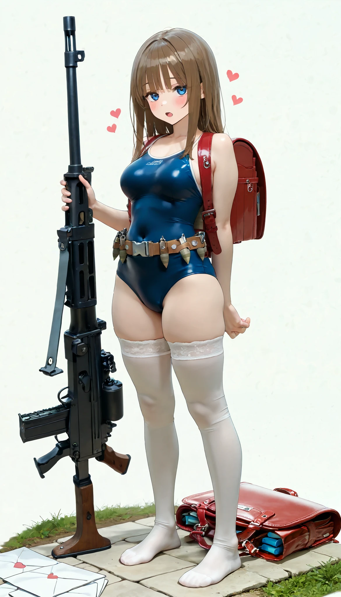 1 girl, machine gun ,buntie , projectile shell , ammo belt, full body, outdoors,, ( masterpiece, envelopes,highres, perfect hands), masterpiece, envelopes, ultra detailed , very detailed illustrations , extremely detailed , intricate details ,highres, super complex details , extremely detailed 8k cg wallpaper,1 girl, Alone , wide hair, blush, to open the mouth, Blue eyes, Simple background , brown hair, white background, neckline, colas gemelas, medium breasts, standing, clavicle, full body, heart, thighs, tall white stockings,pupilas dilatadas, bare navel , without shoes , heart-shaped , backpack, arm behind my back, blue one-piece swimsuit , Randoseru, competition school swimsuit, red bag